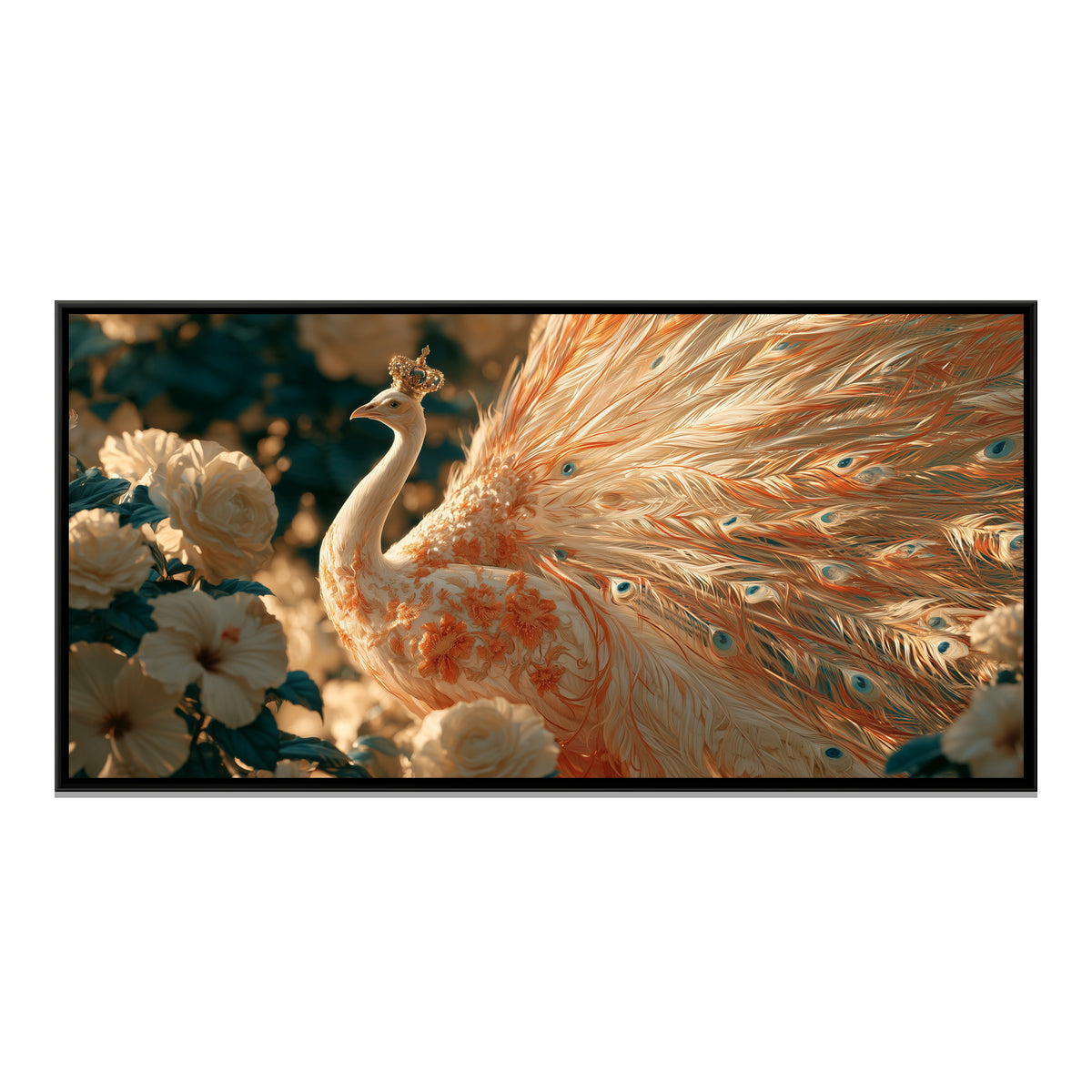 White Peacock — framed canvas print, front view