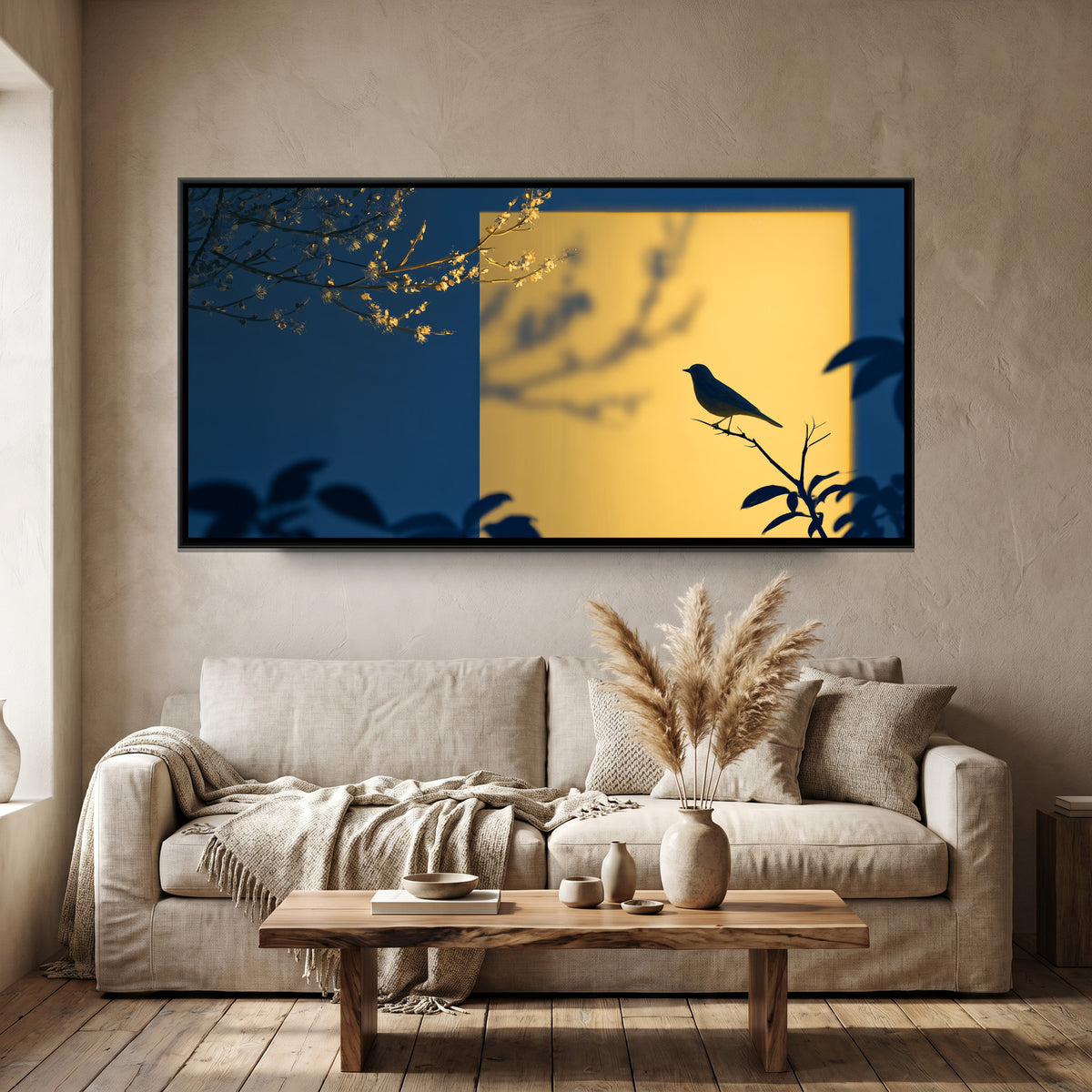 Bird and Plum Blossom — canvas art shown in a styled room