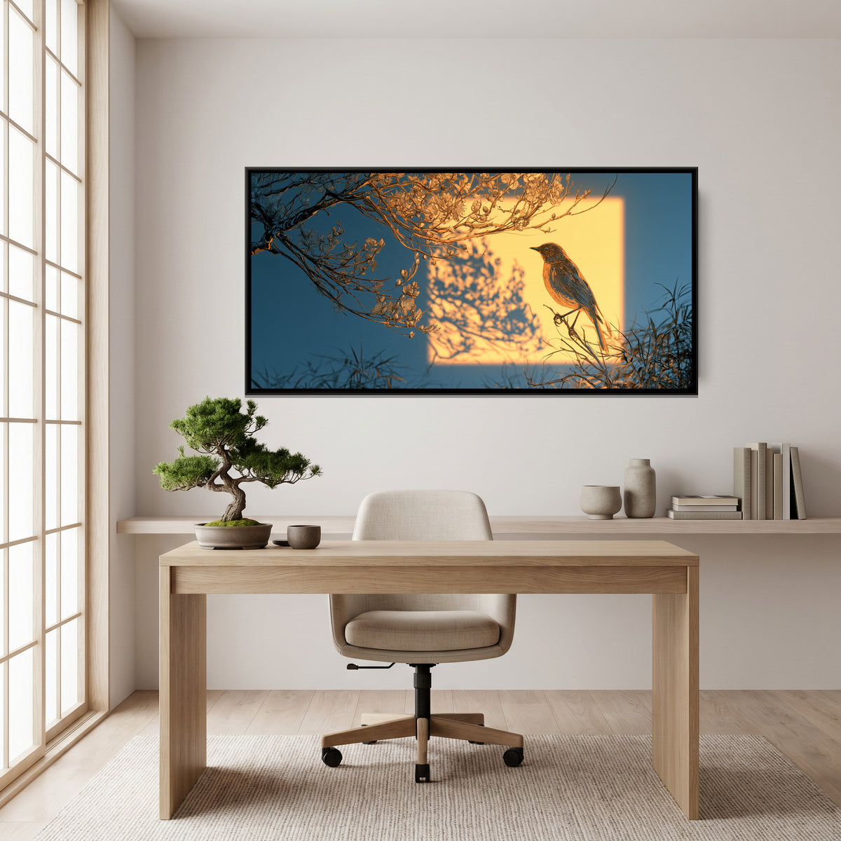 Bird and Plum Blossom — canvas art shown in a styled room
