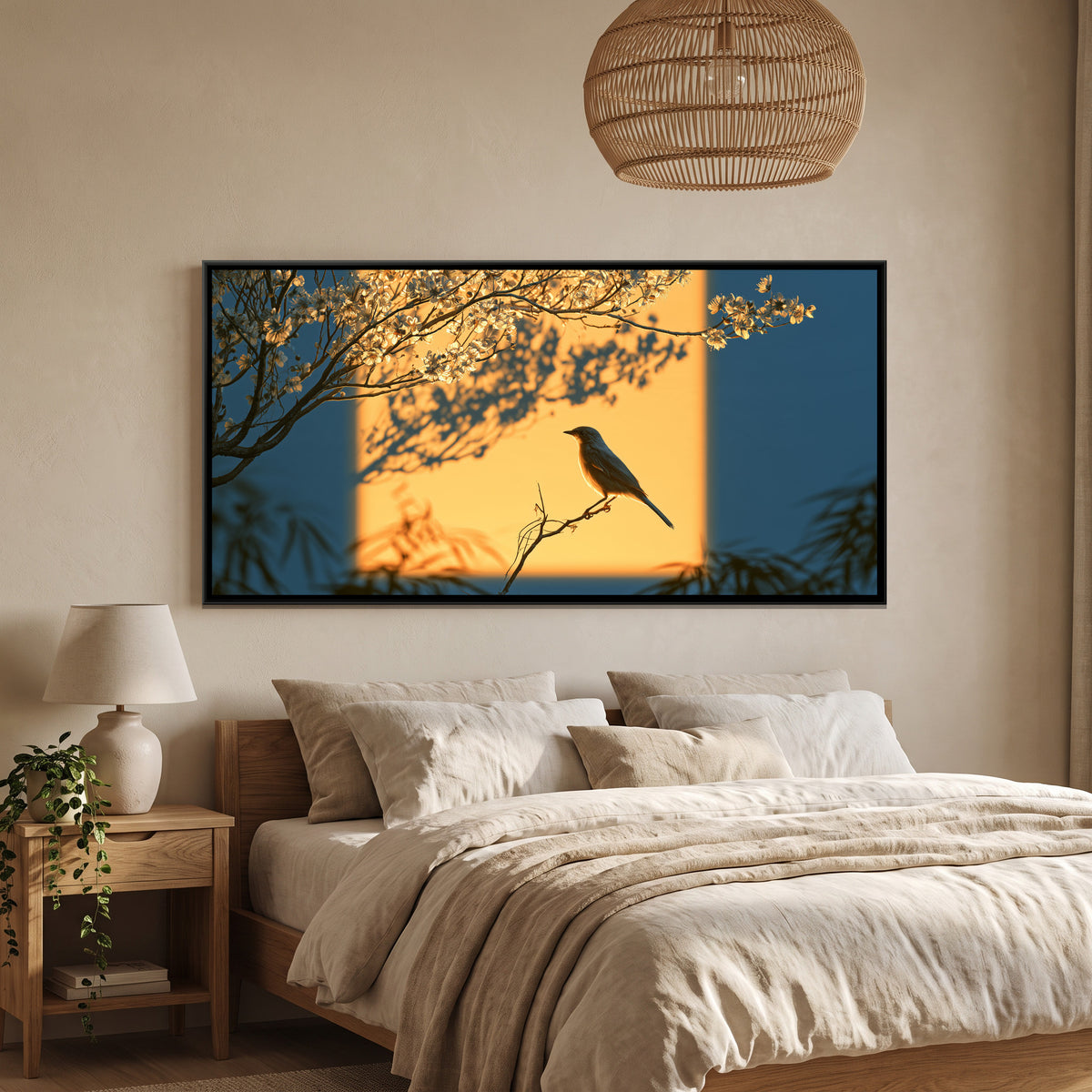 Bird and Plum Blossom — canvas art shown in a styled room