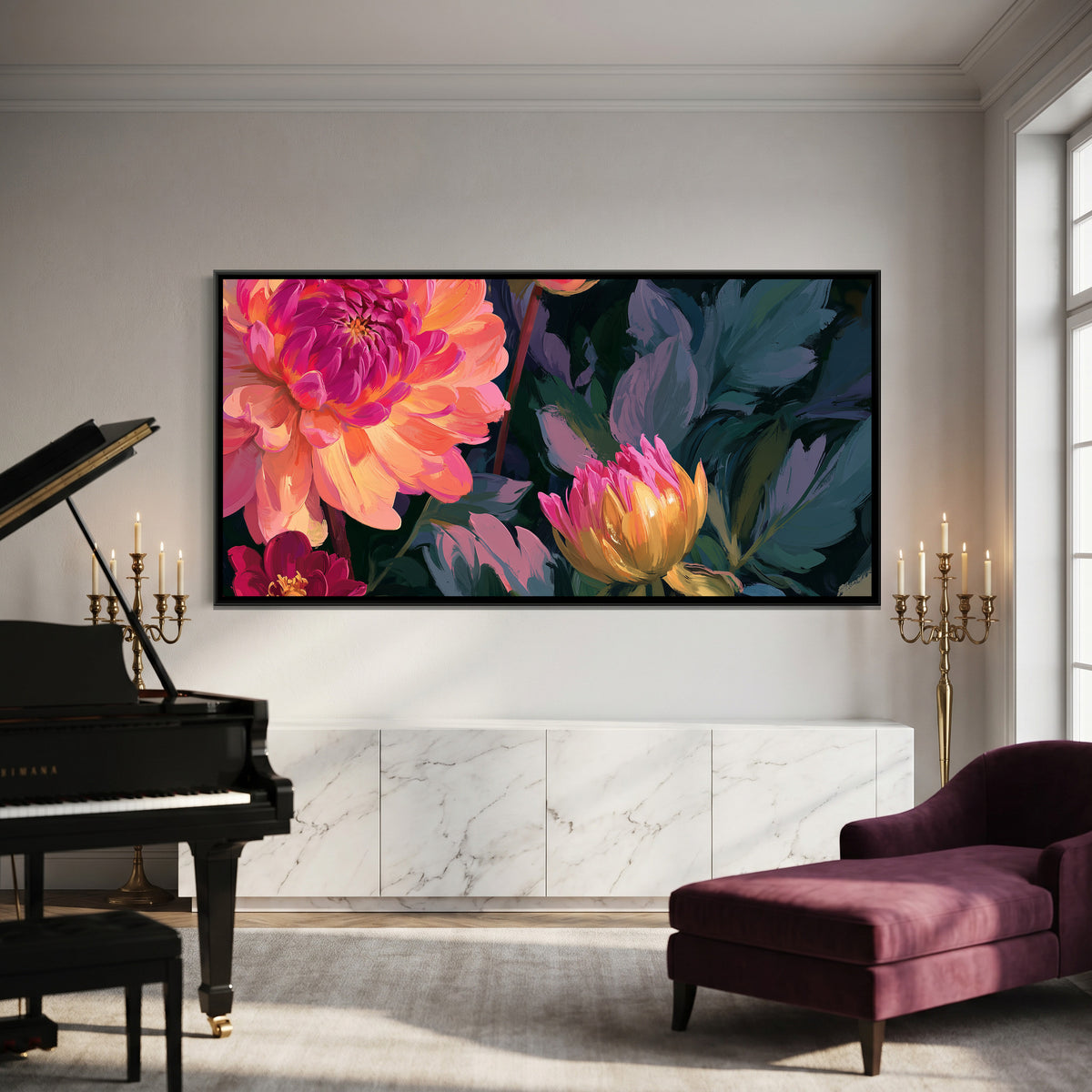 Dahlias — canvas art shown in a styled room