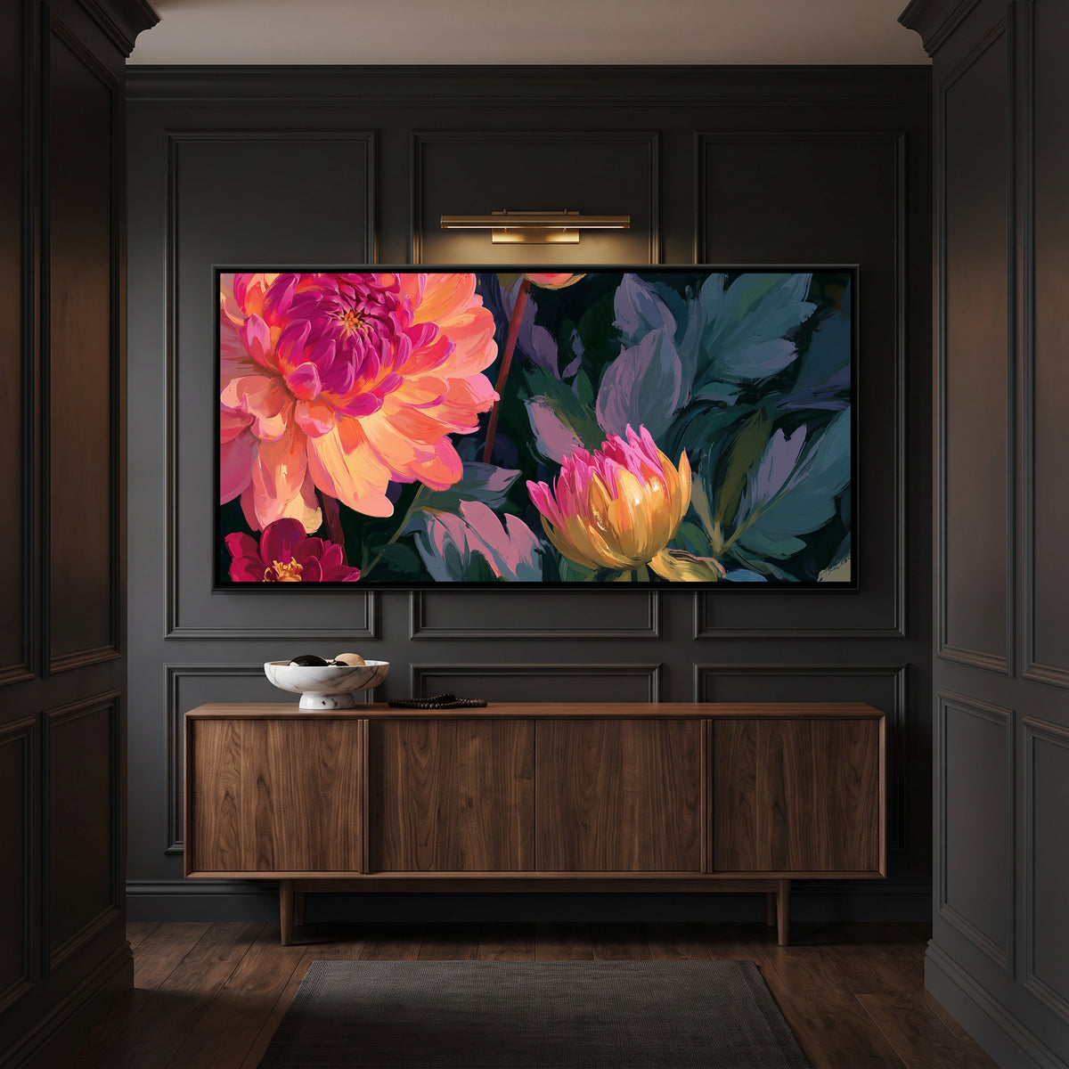 Dahlias — canvas art shown in a second room setting
