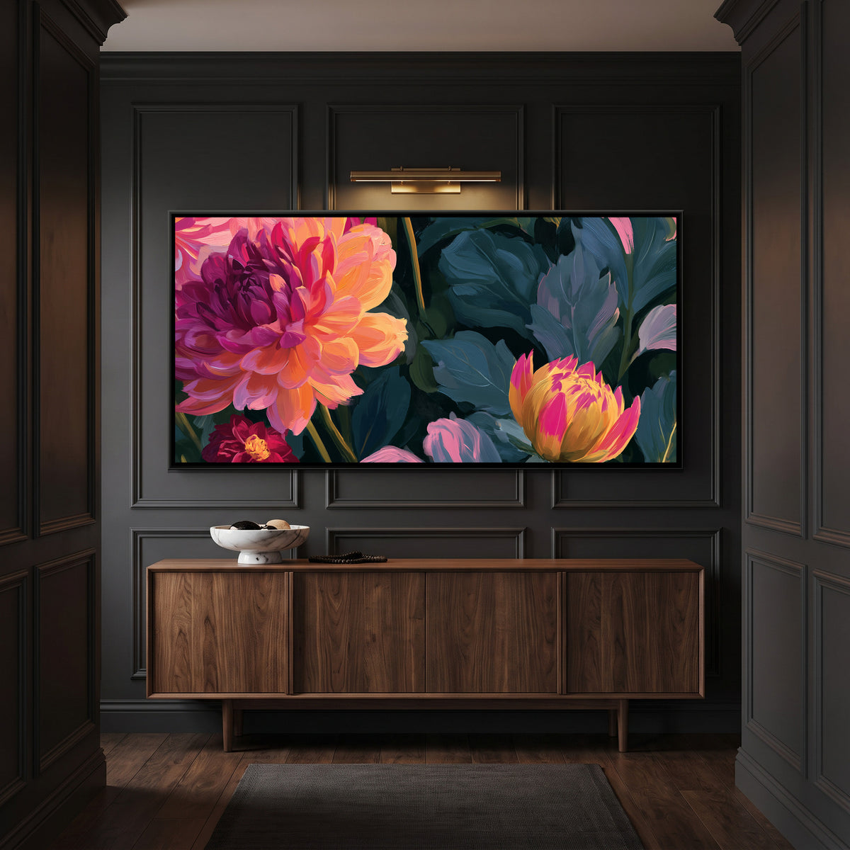 Dahlias — canvas art shown in a second room setting