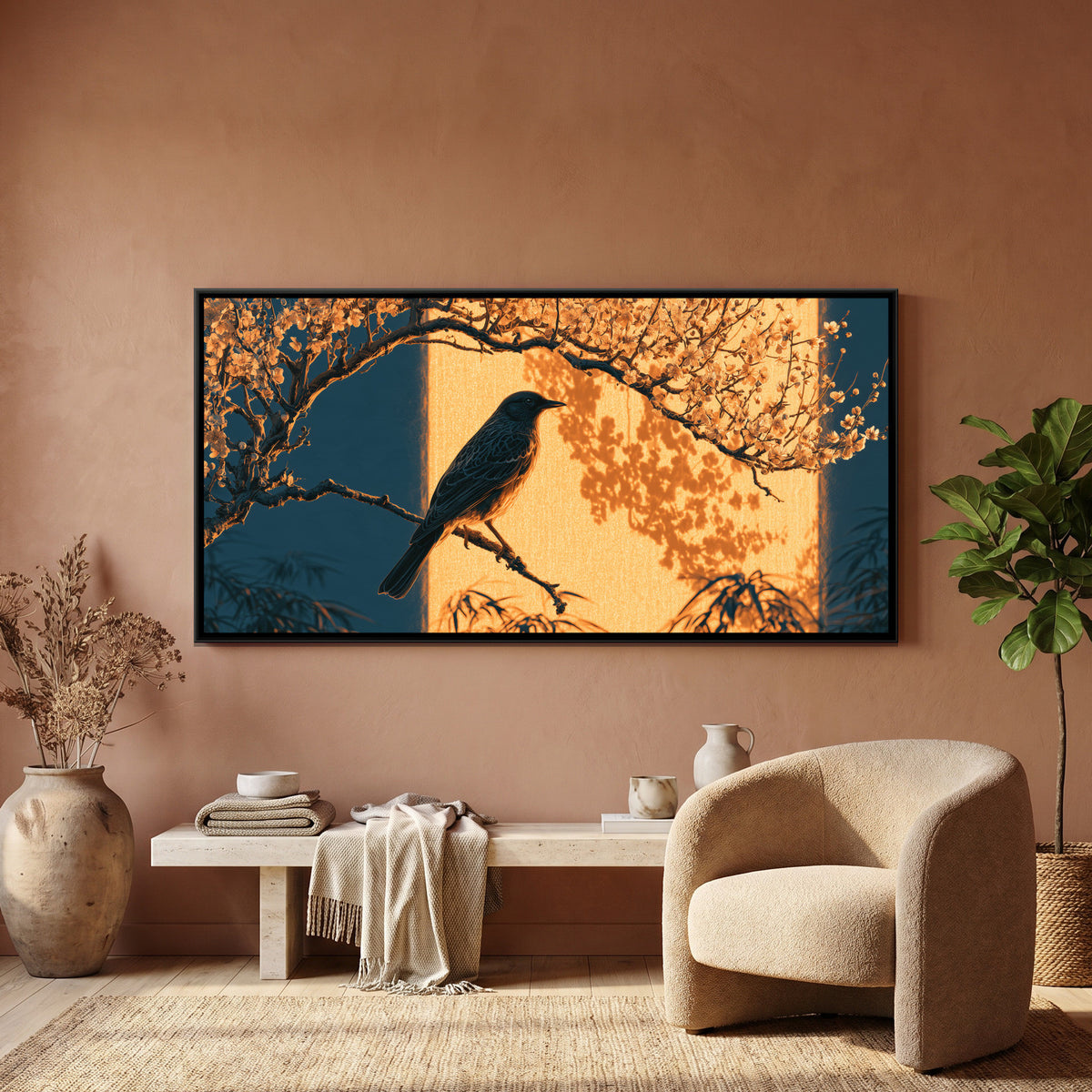Bird and Plum Blossom — framed canvas art hung on a wall