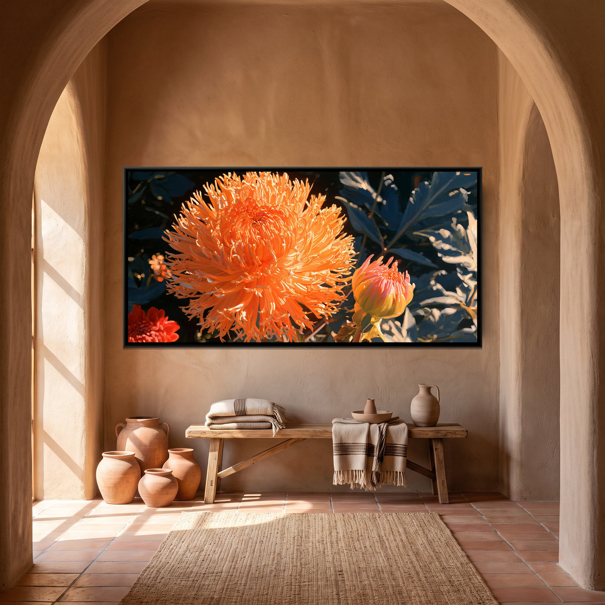 Dahlias — canvas art shown in a styled room