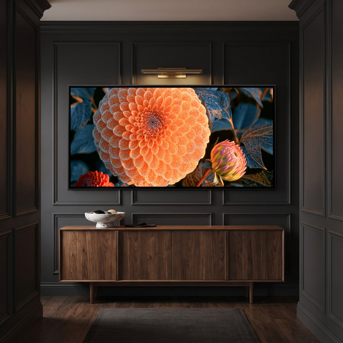 Dahlias — canvas art shown in a styled room