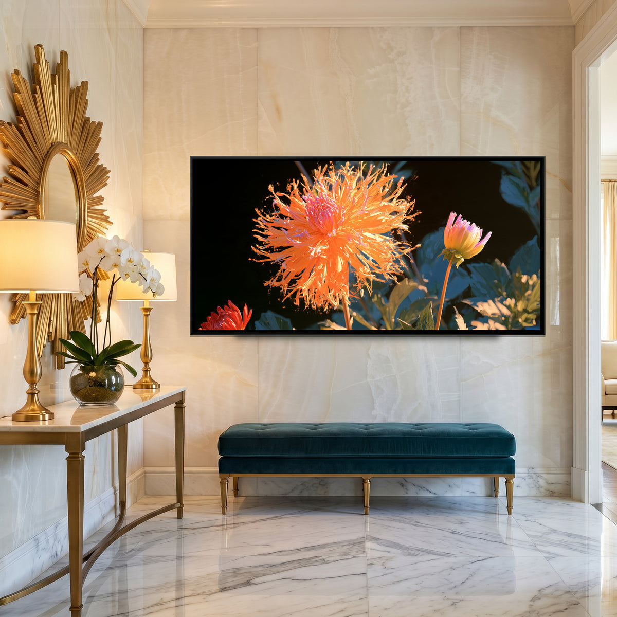 Dahlias — canvas art shown in a styled room
