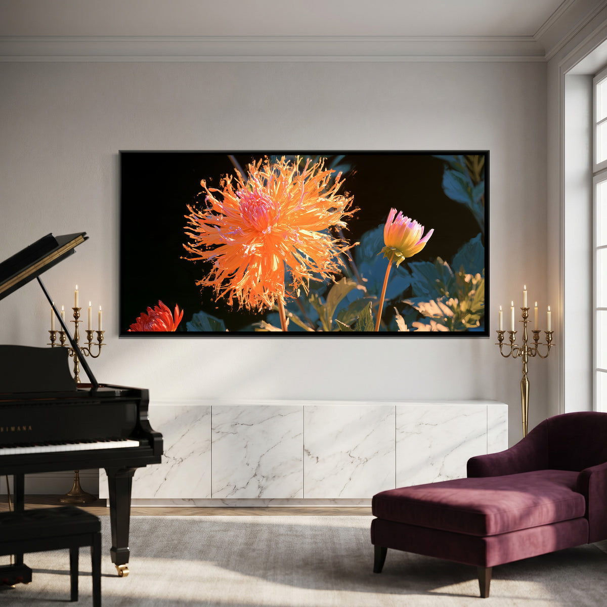 Dahlias — canvas art shown in a second room setting