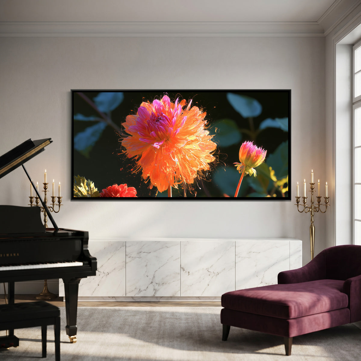 Dahlias — canvas art shown in a second room setting