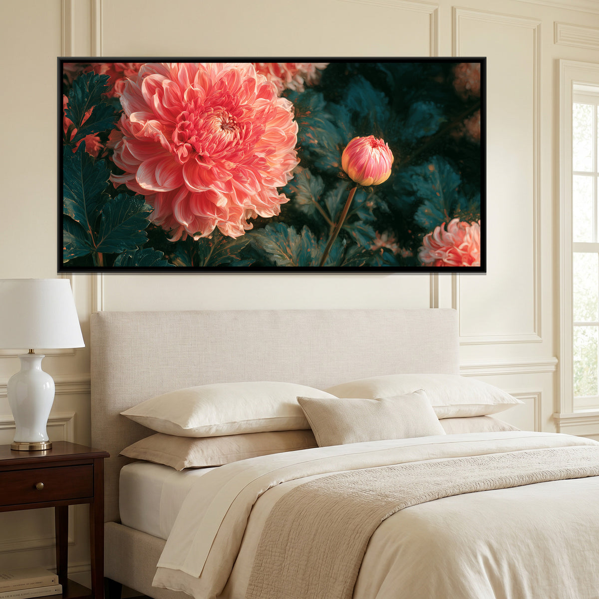 Dahlias — canvas art shown in a styled room