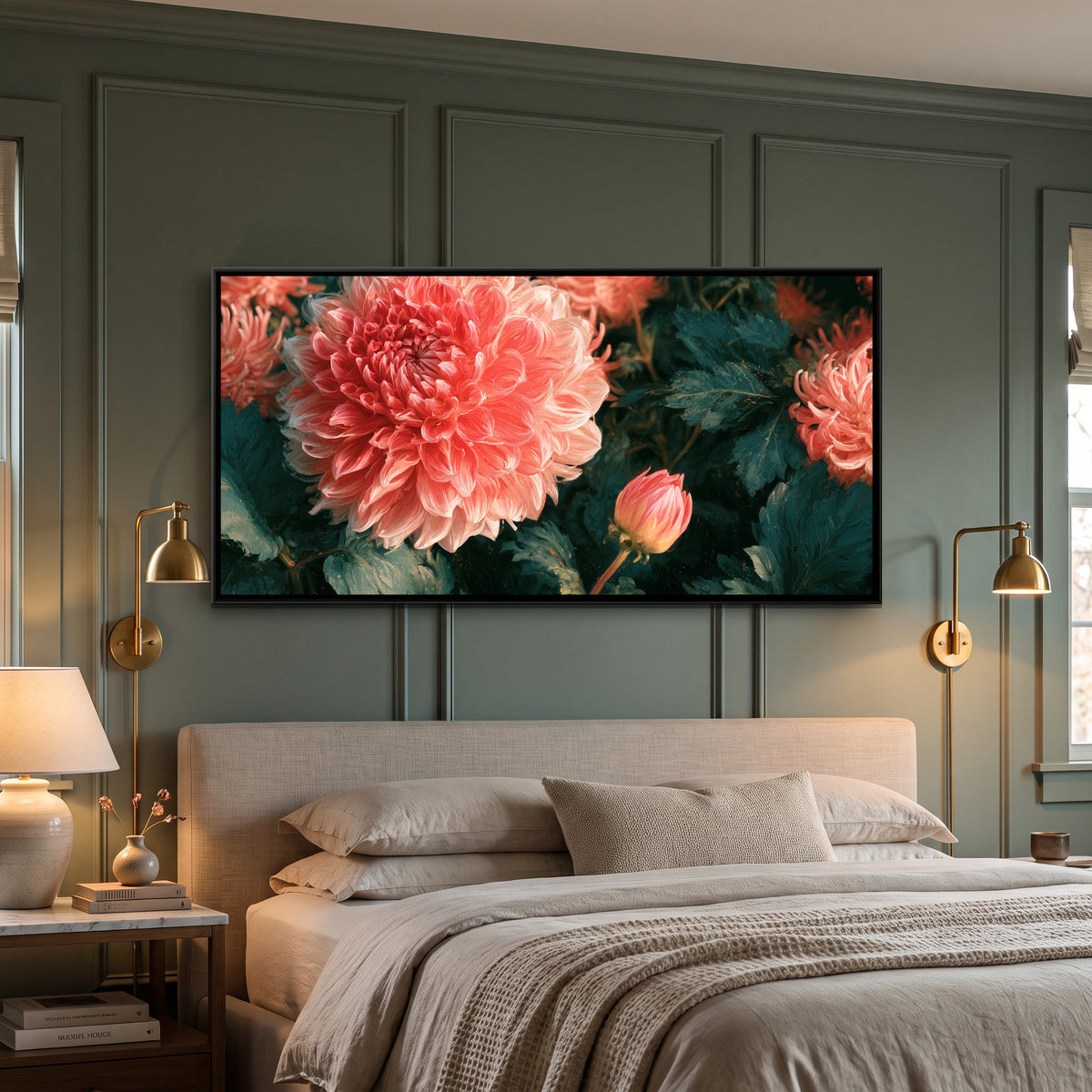 Dahlias — canvas art shown in a styled room
