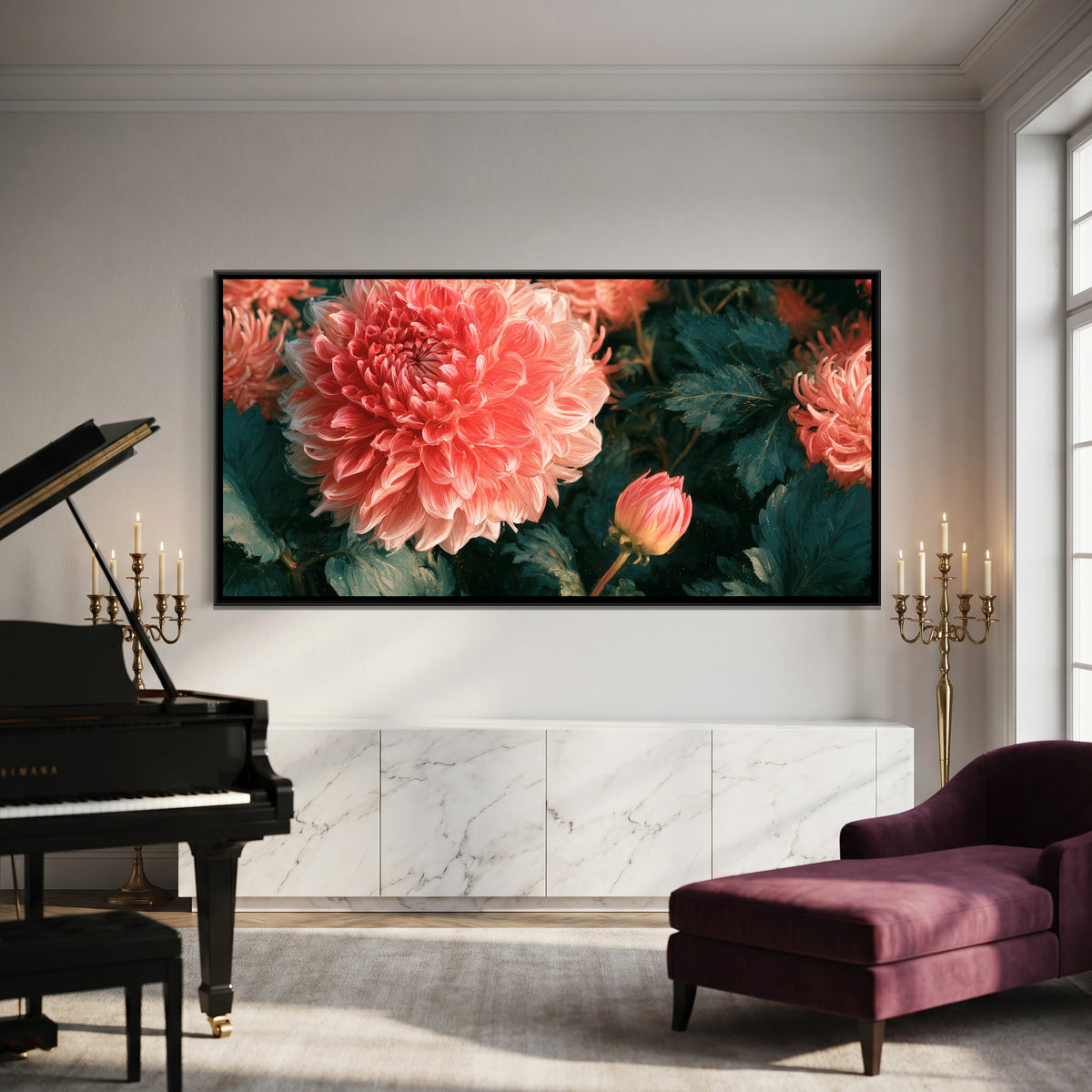 Dahlias — canvas art shown in a second room setting