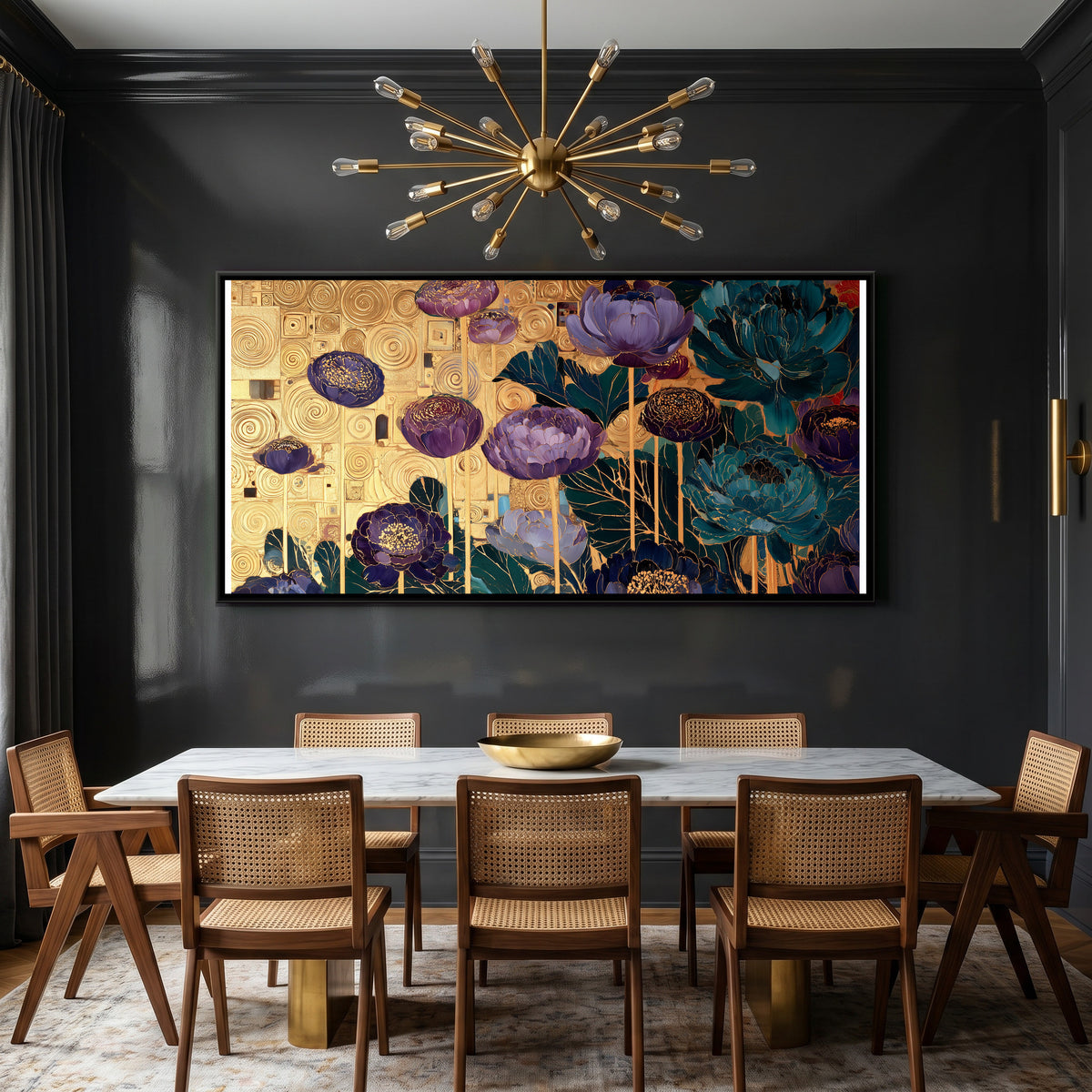 Klimt Flowers — canvas art shown in a second room setting