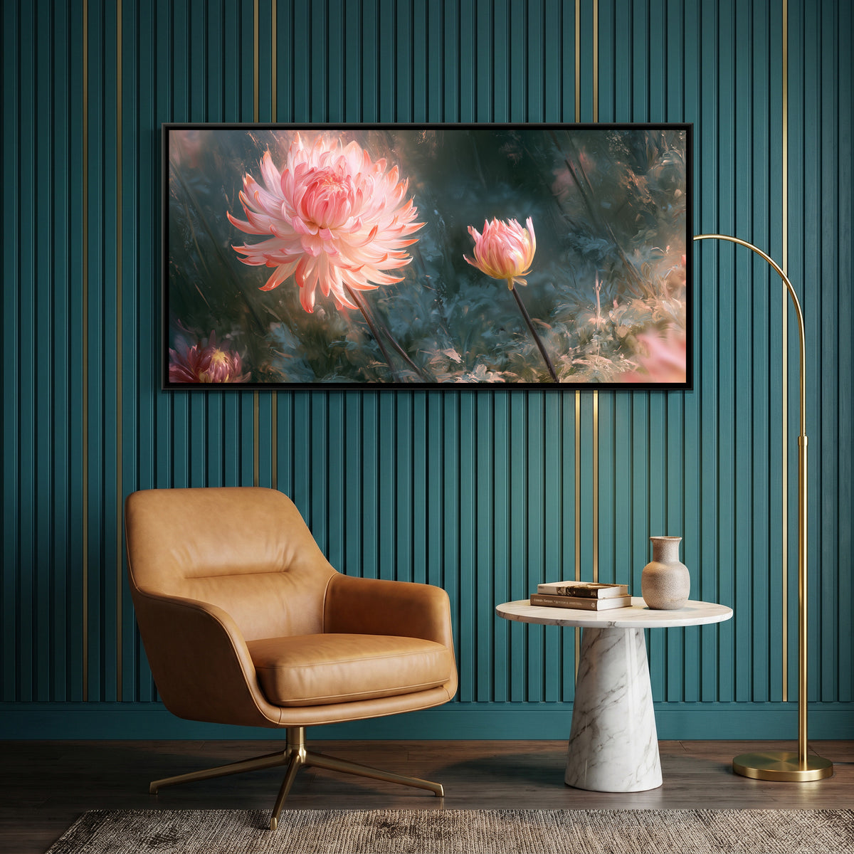 Dahlias — canvas art shown in a styled room