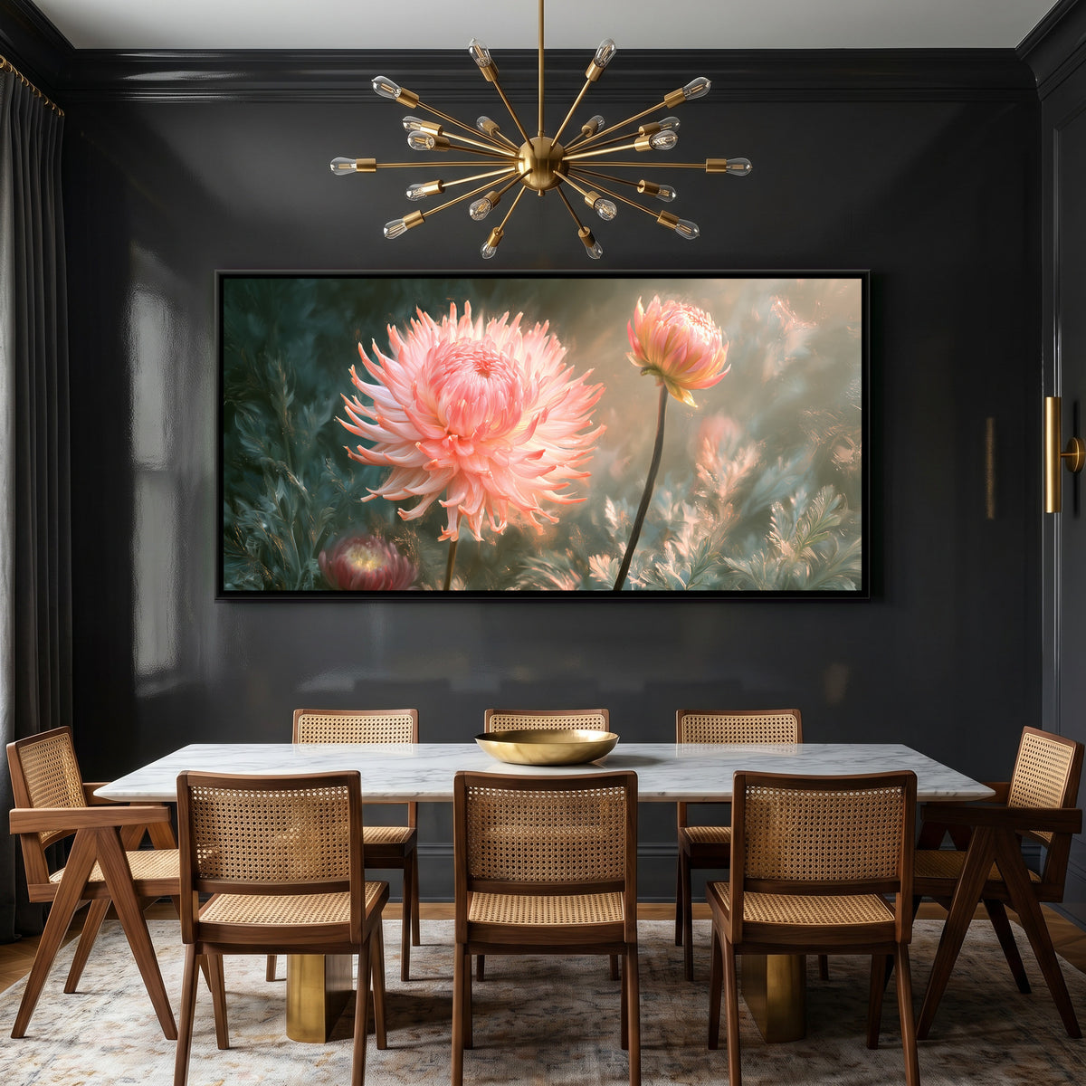 Dahlias — canvas art shown in a second room setting