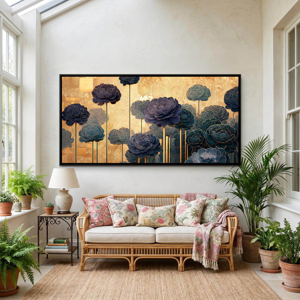 Klimt Flowers — canvas art shown in a second room setting
