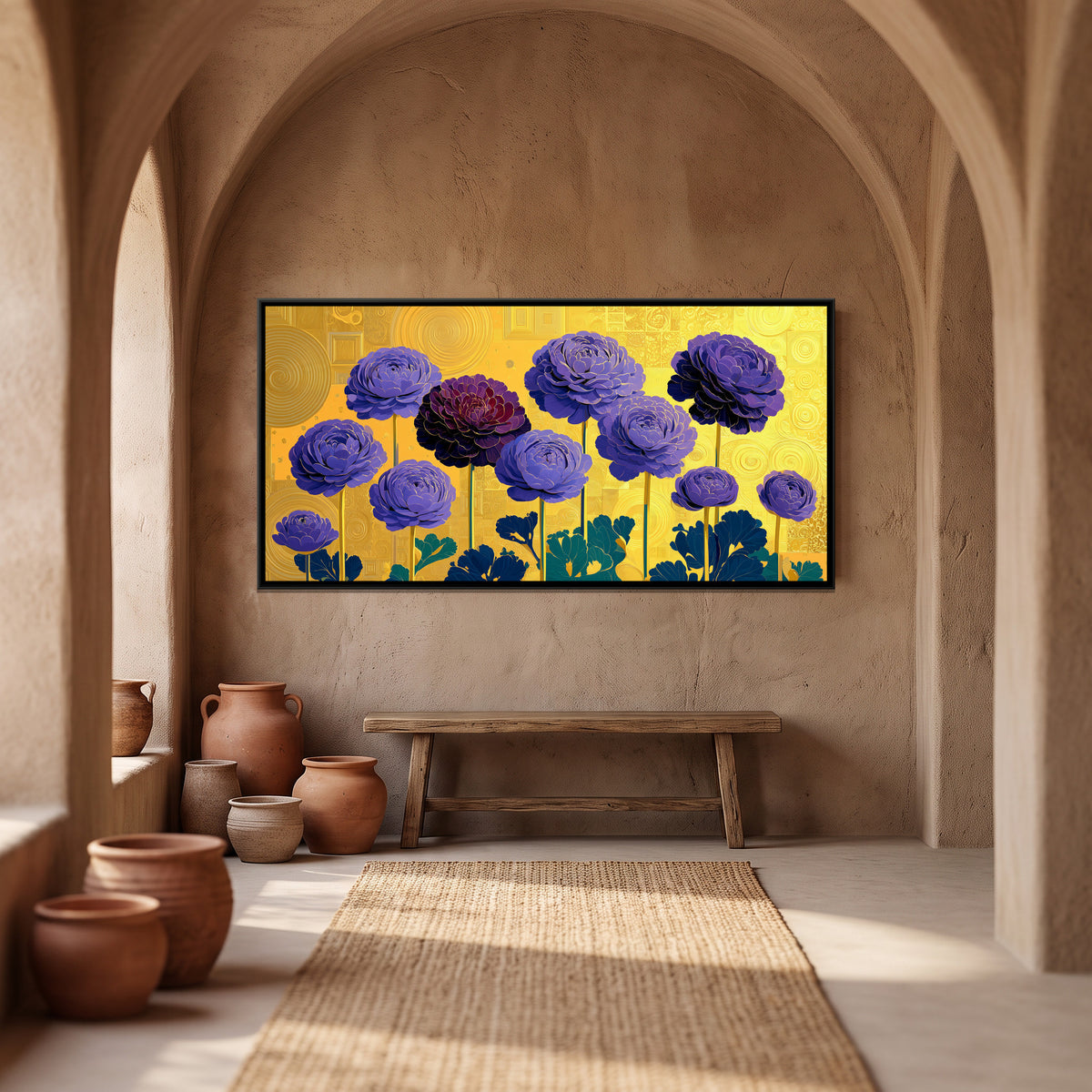 Klimt Flowers — canvas art shown in a styled room