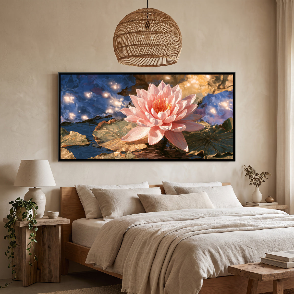 Pink Lotus — canvas art shown in a styled room