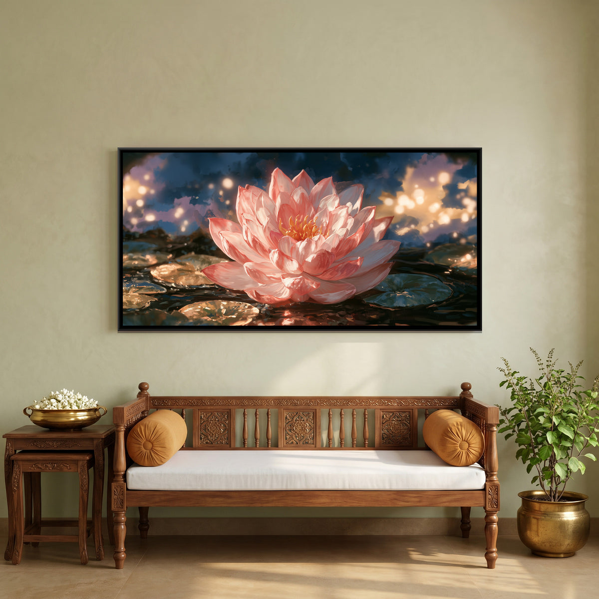 Pink Lotus — canvas art shown in a second room setting