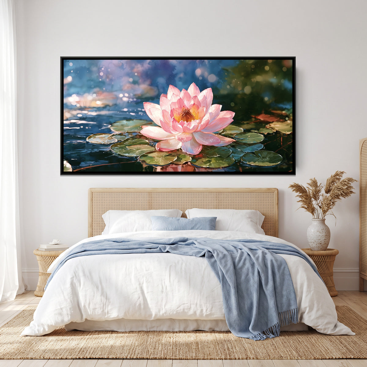 Pink Lotus — canvas art shown in a styled room