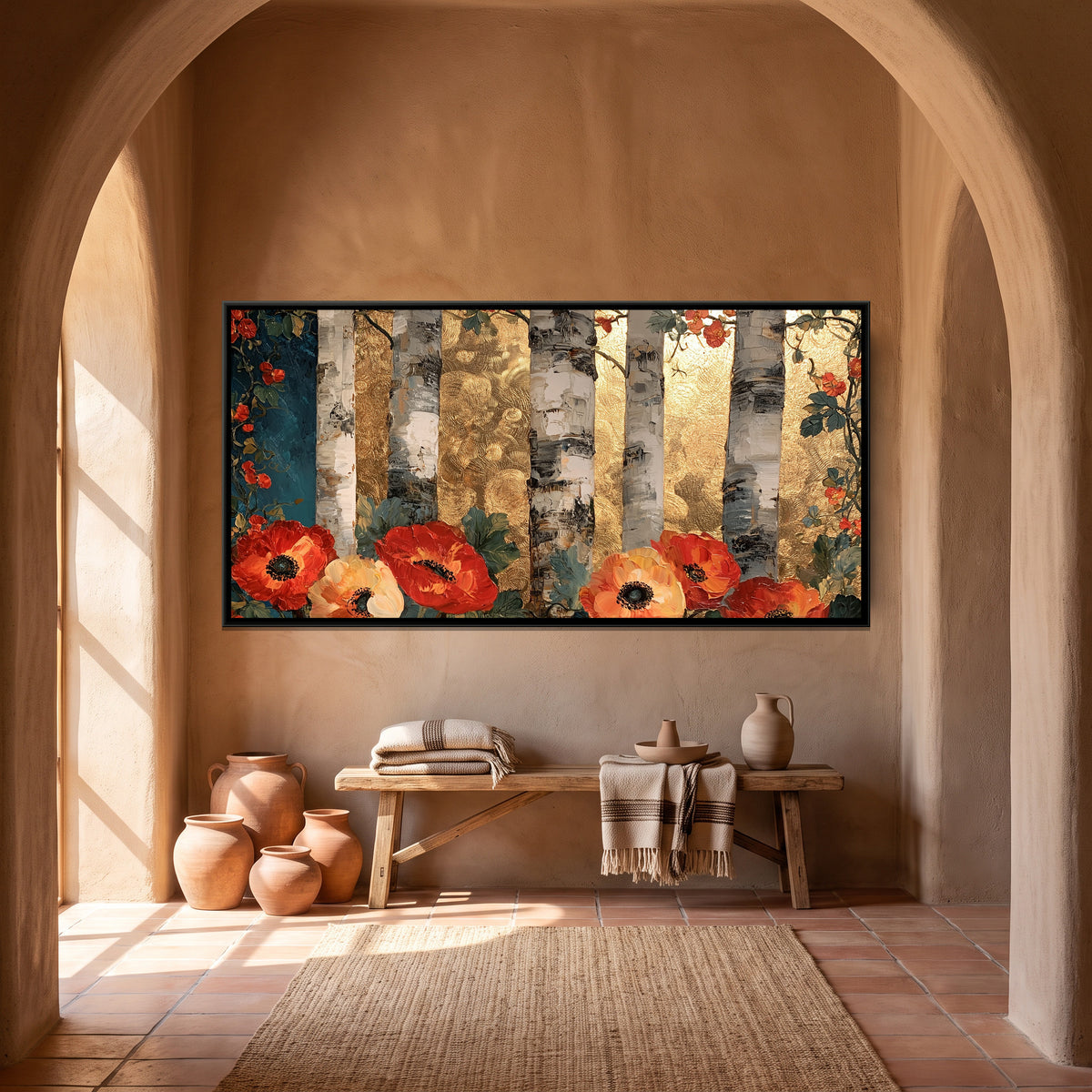 Klimt Birch Forest — canvas art shown in a styled room
