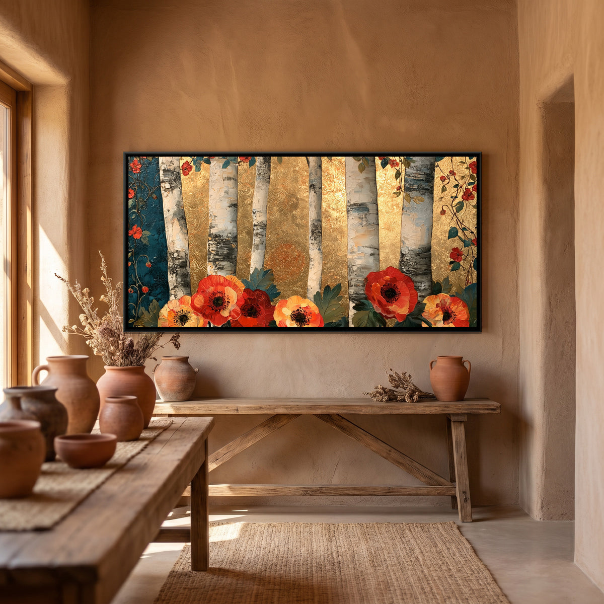 Klimt Birch Forest — canvas art shown in a styled room