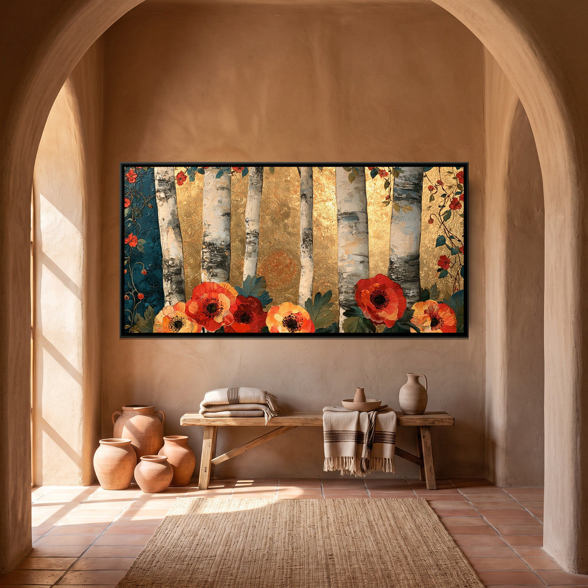 Klimt Birch Forest — canvas art shown in a second room setting
