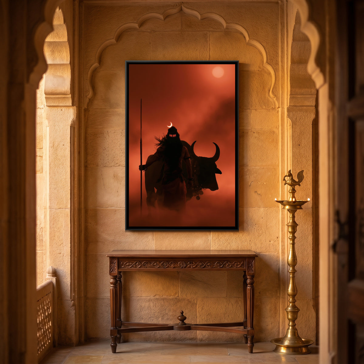 Mahadev and Nandi Ji — canvas art shown in a styled room