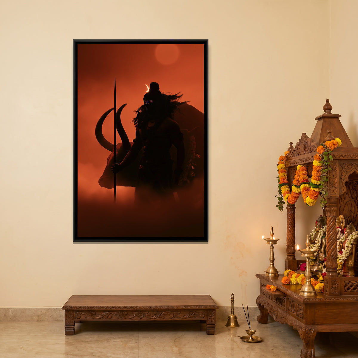 Mahadev and Nandi Ji — canvas art shown in a second room setting
