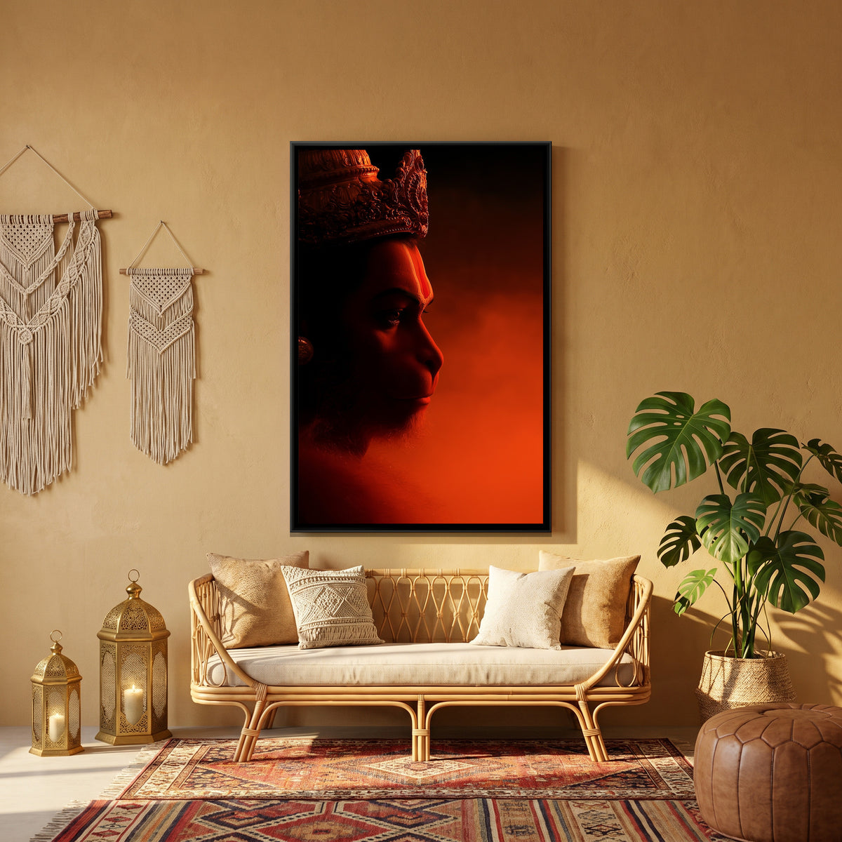 Hanuman Ji Face — canvas art shown in a styled room