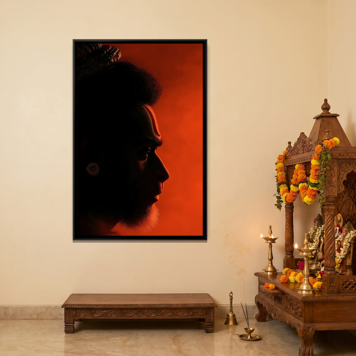 Hanuman Ji Face — canvas art shown in a styled room