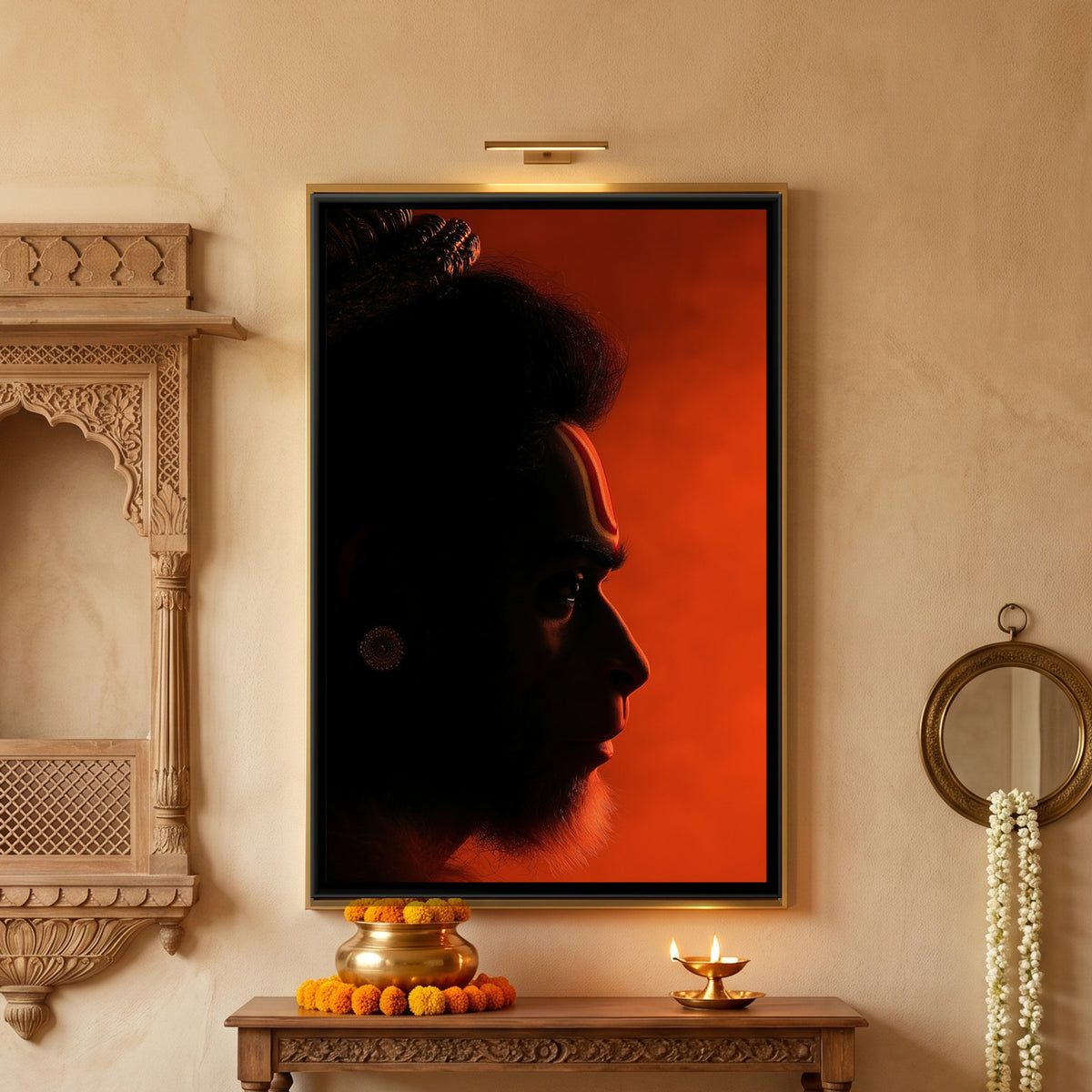 Hanuman Ji Face — framed canvas art hung on a wall