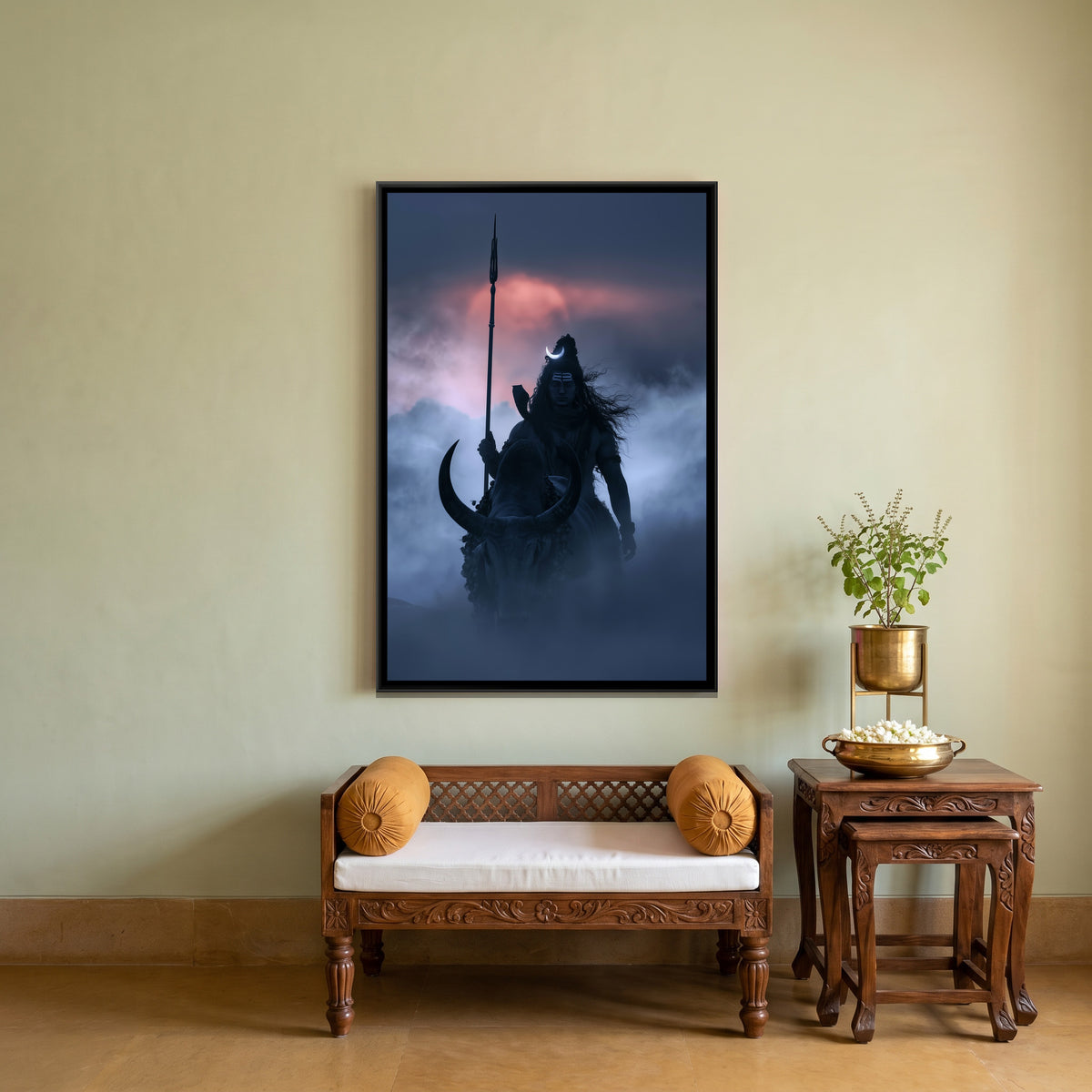Mahadev and Nandi Ji — canvas art shown in a second room setting