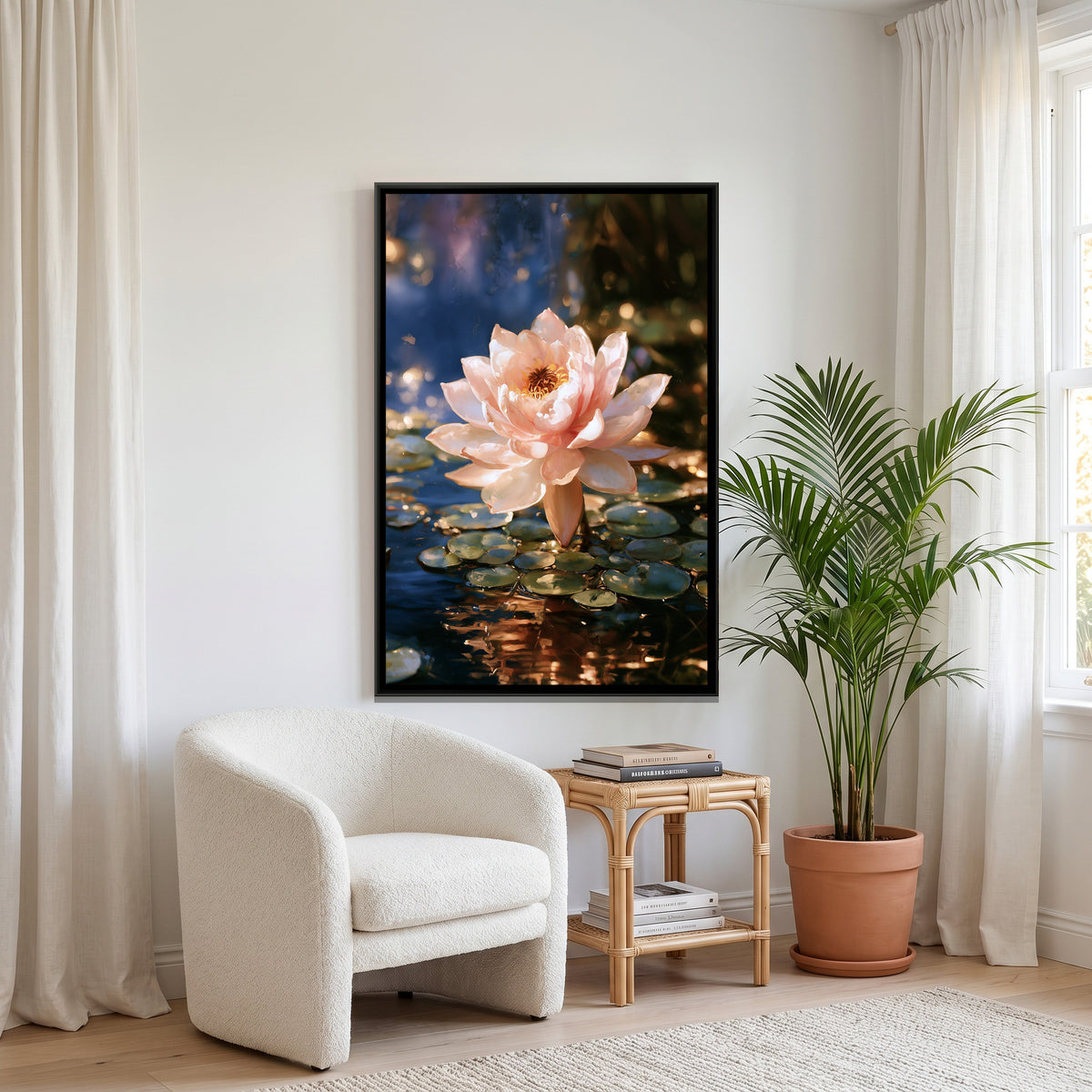 Pink Lotus — canvas art shown in a second room setting