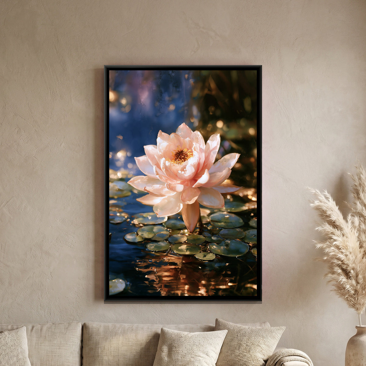 Pink Lotus — framed canvas art hung on a wall