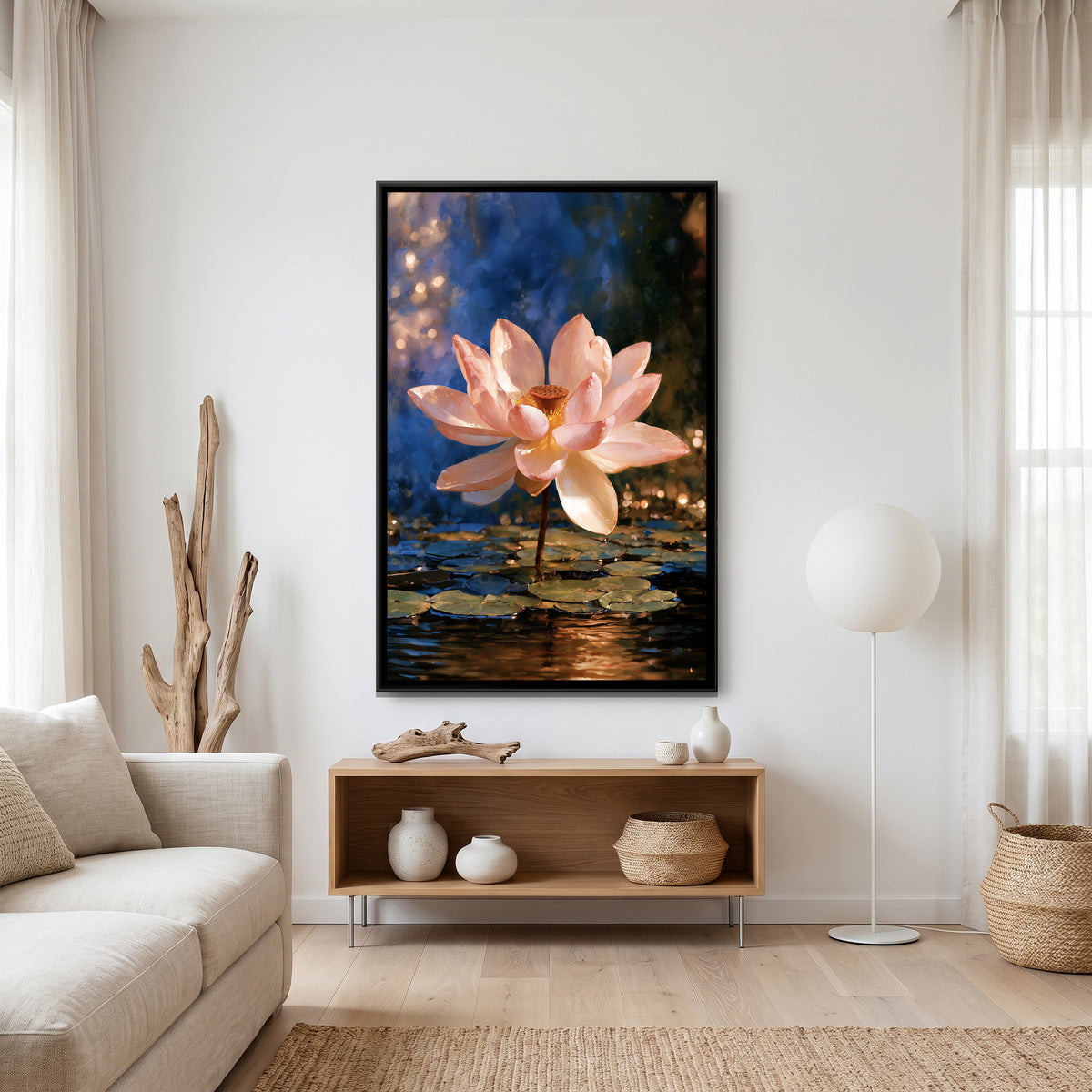 Pink Lotus — canvas art shown in a second room setting
