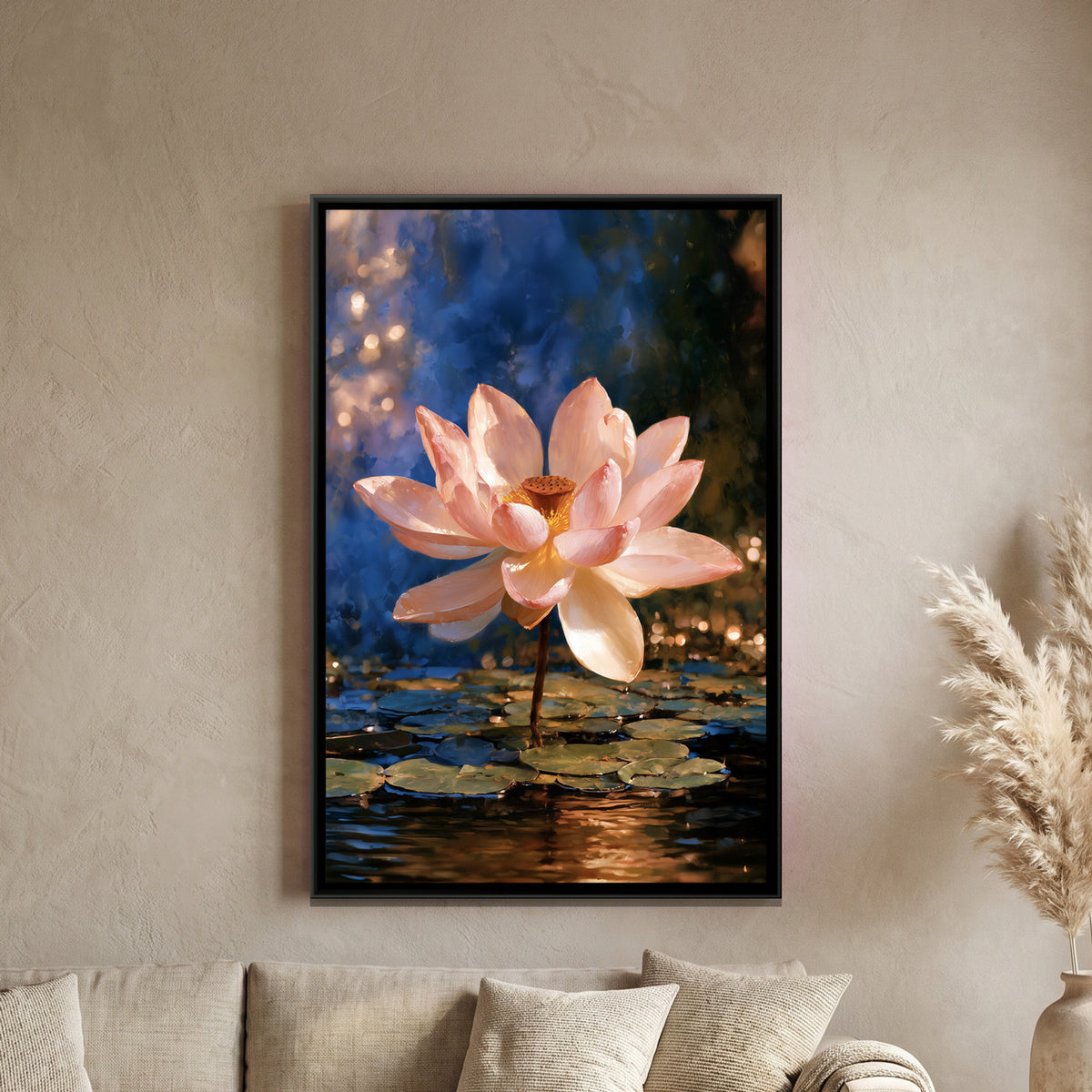 Pink Lotus — framed canvas art hung on a wall