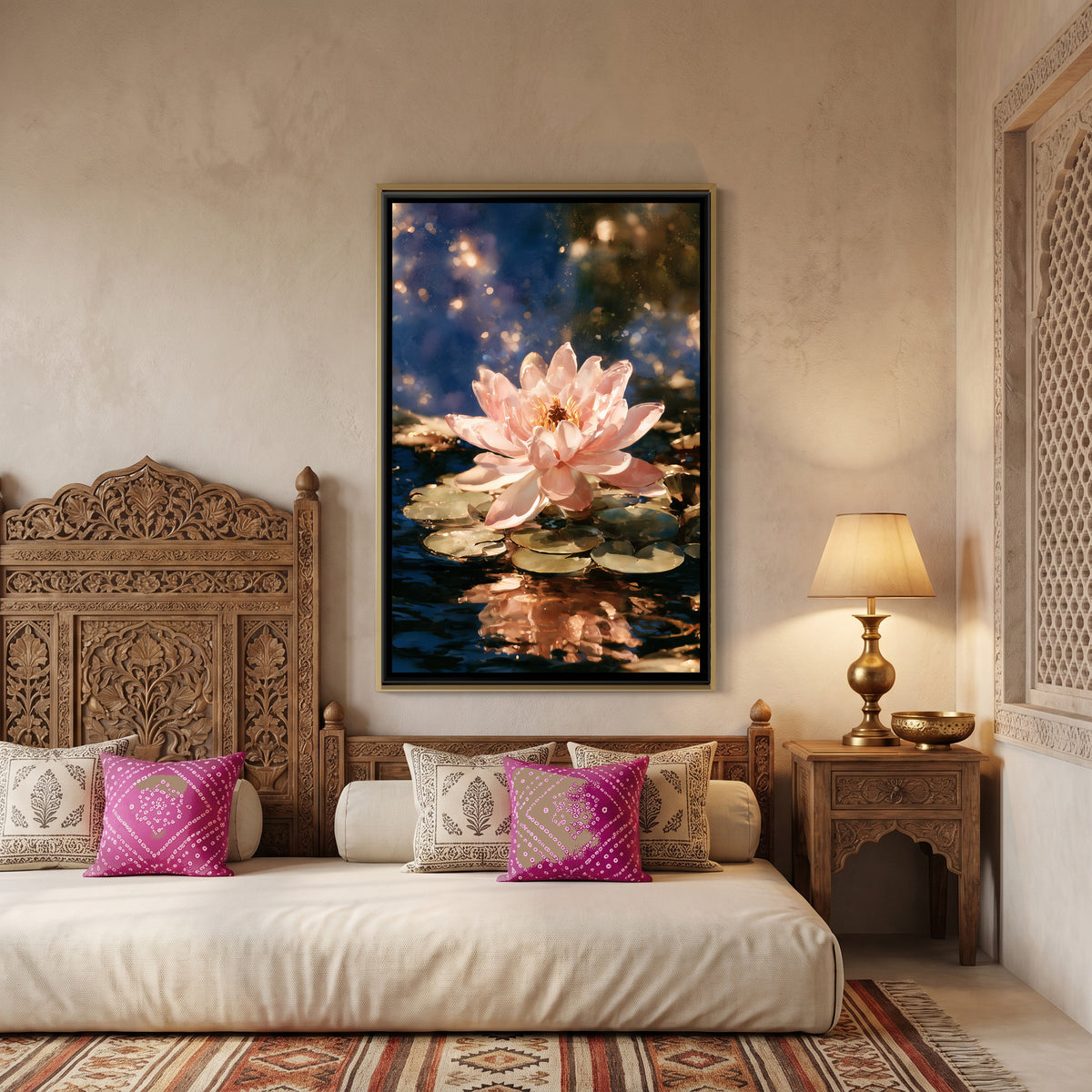Pink Lotus — canvas art shown in a styled room