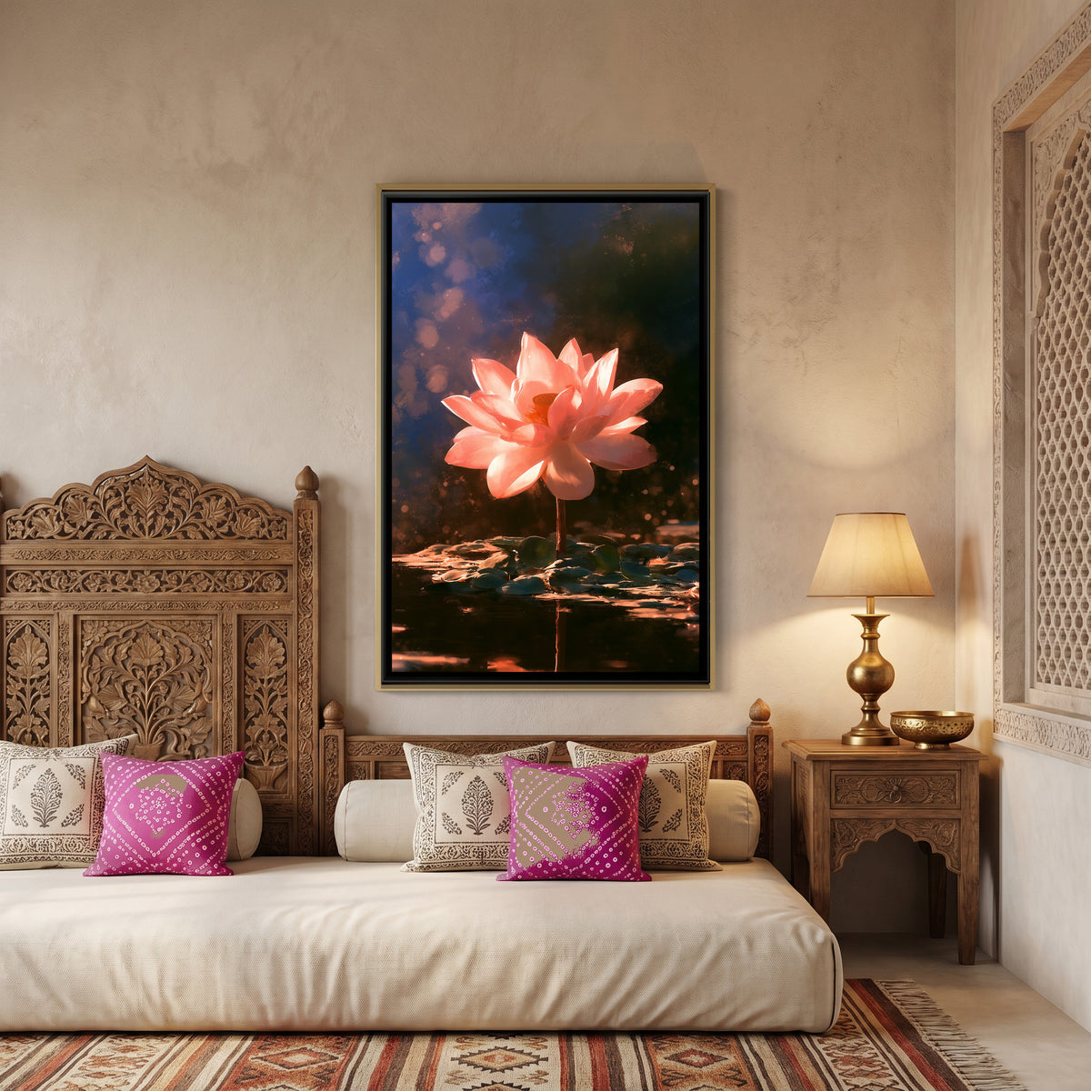 Pink Lotus — canvas art shown in a styled room