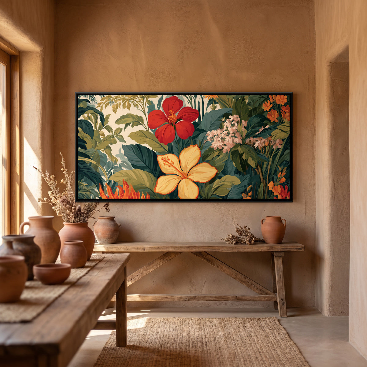 Tropical Flowers — canvas art shown in a second room setting