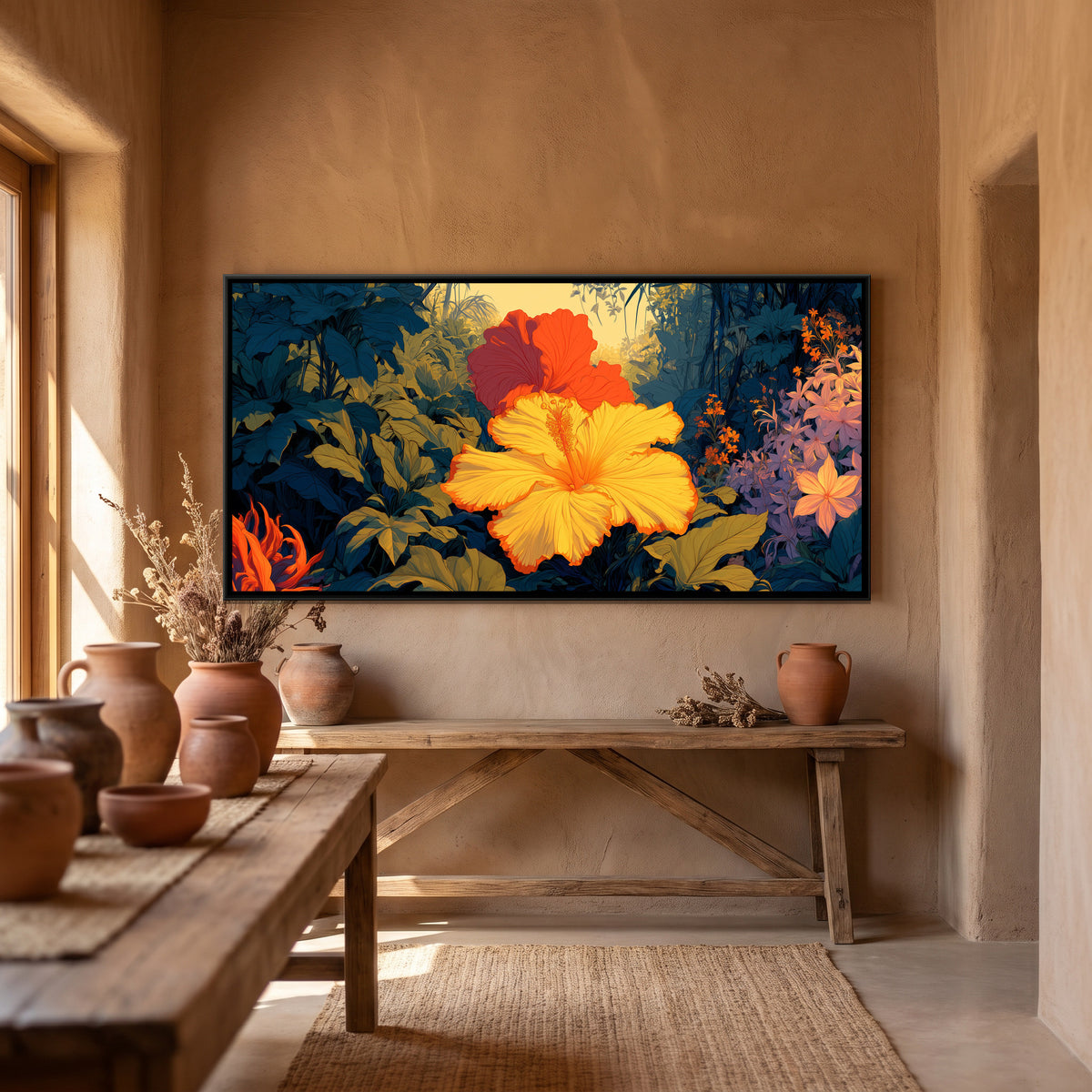 Tropical Flowers — canvas art shown in a second room setting