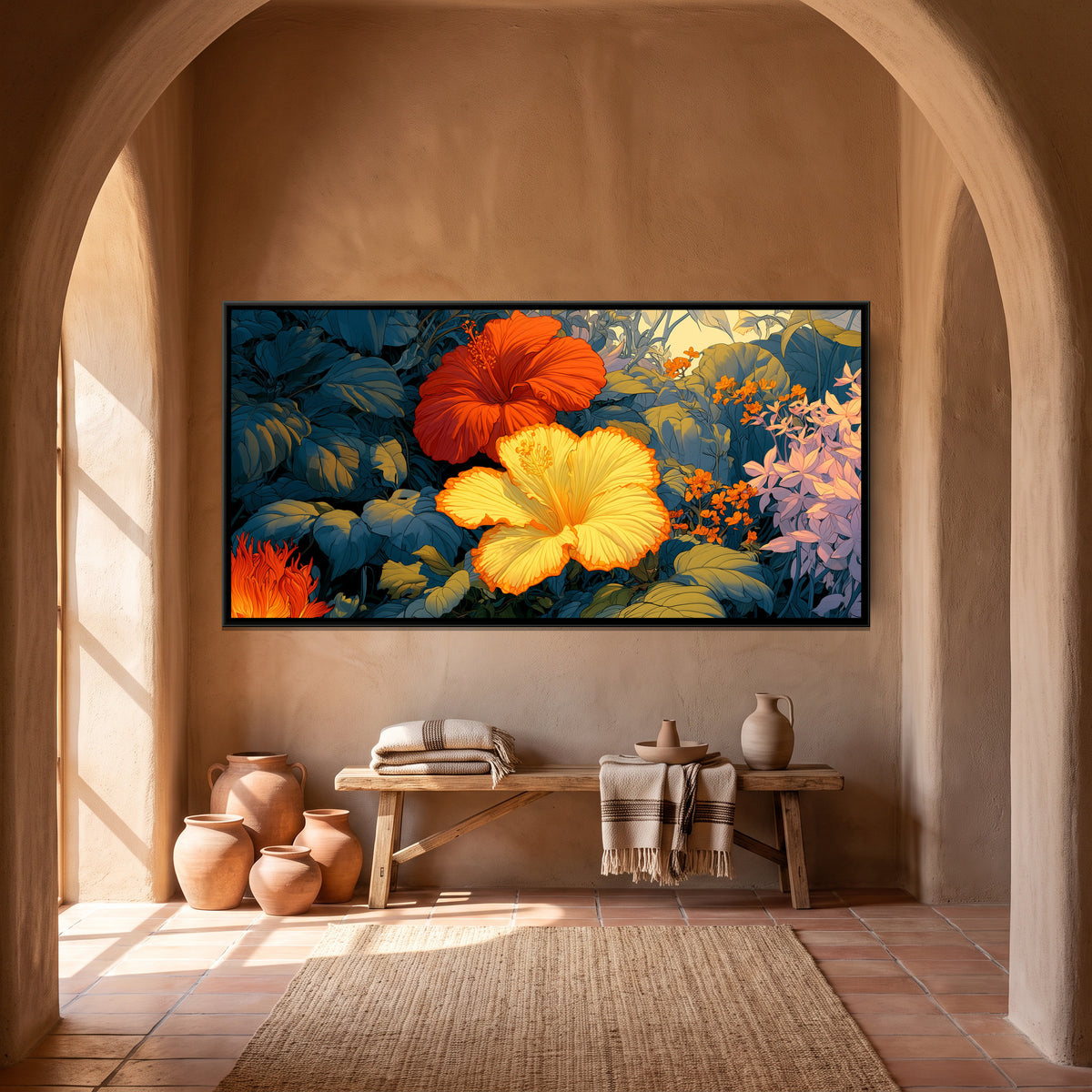 Tropical Flowers — canvas art shown in a styled room
