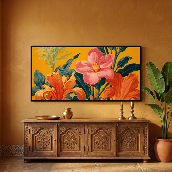 Tropical Flowers — framed canvas art hung on a wall