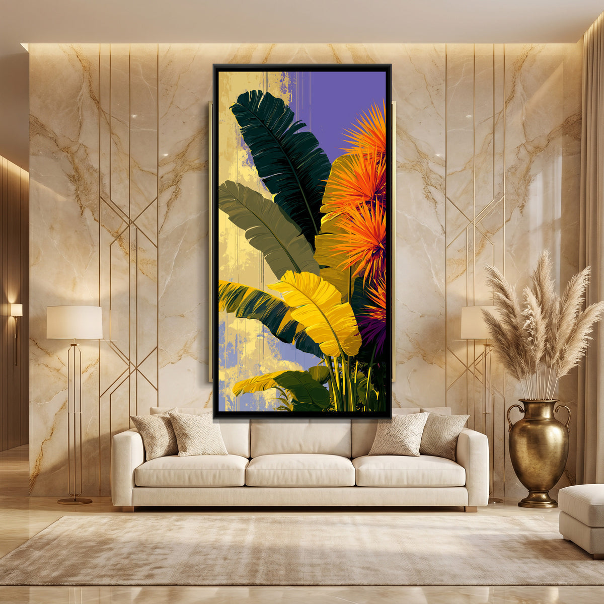 Tropical Banana Leaves — canvas art shown in a styled room