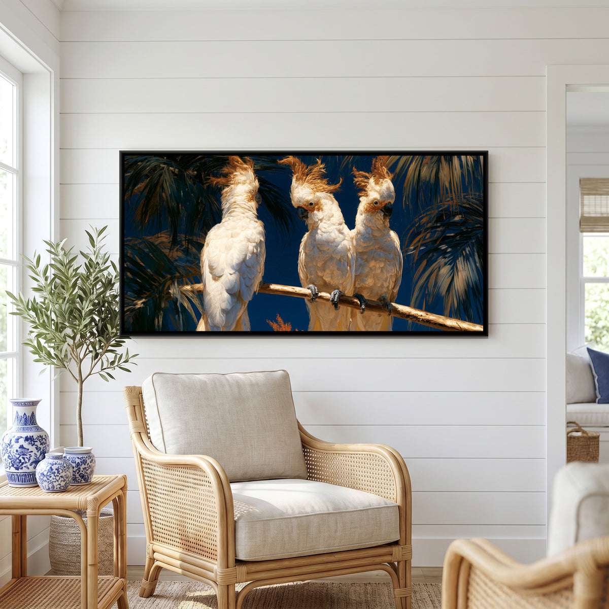 White Cockatoos — canvas art shown in a second room setting