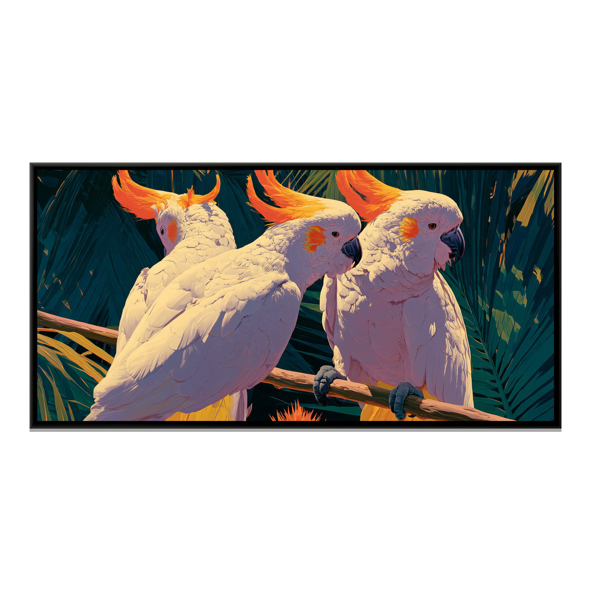 White Cockatoos — framed canvas print, front view