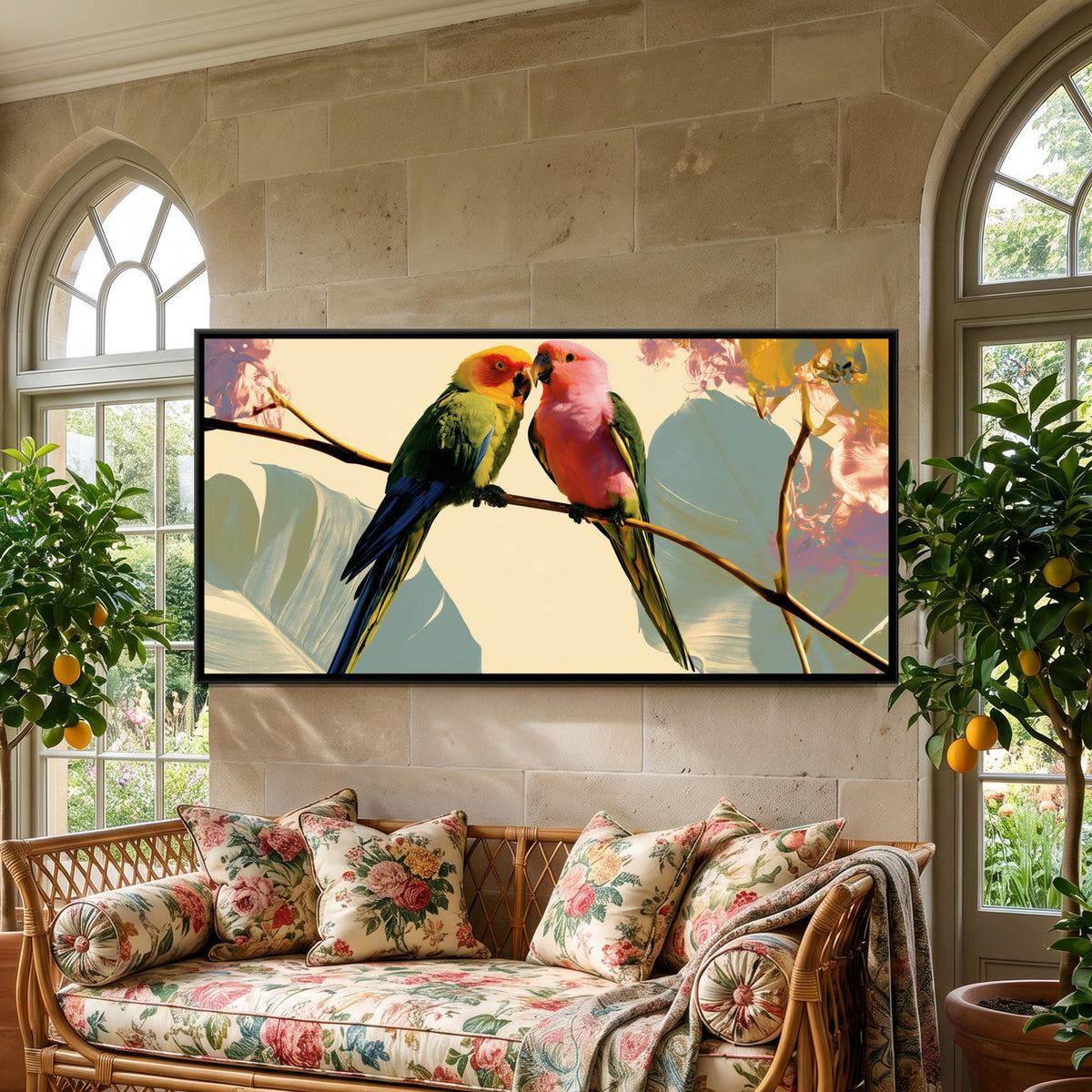 Two Parrots — framed canvas art hung on a wall