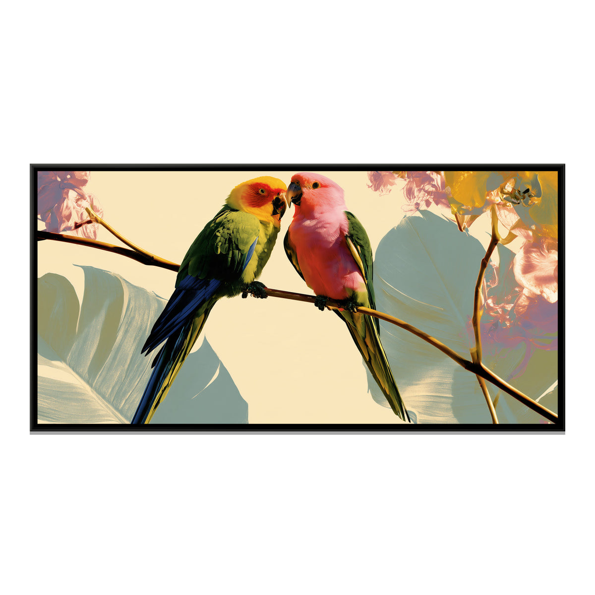 Two Parrots — framed canvas print, front view