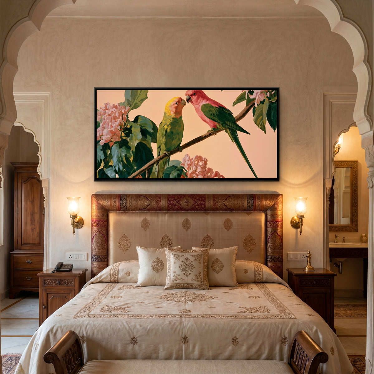 Two Parrots — canvas art shown in a styled room