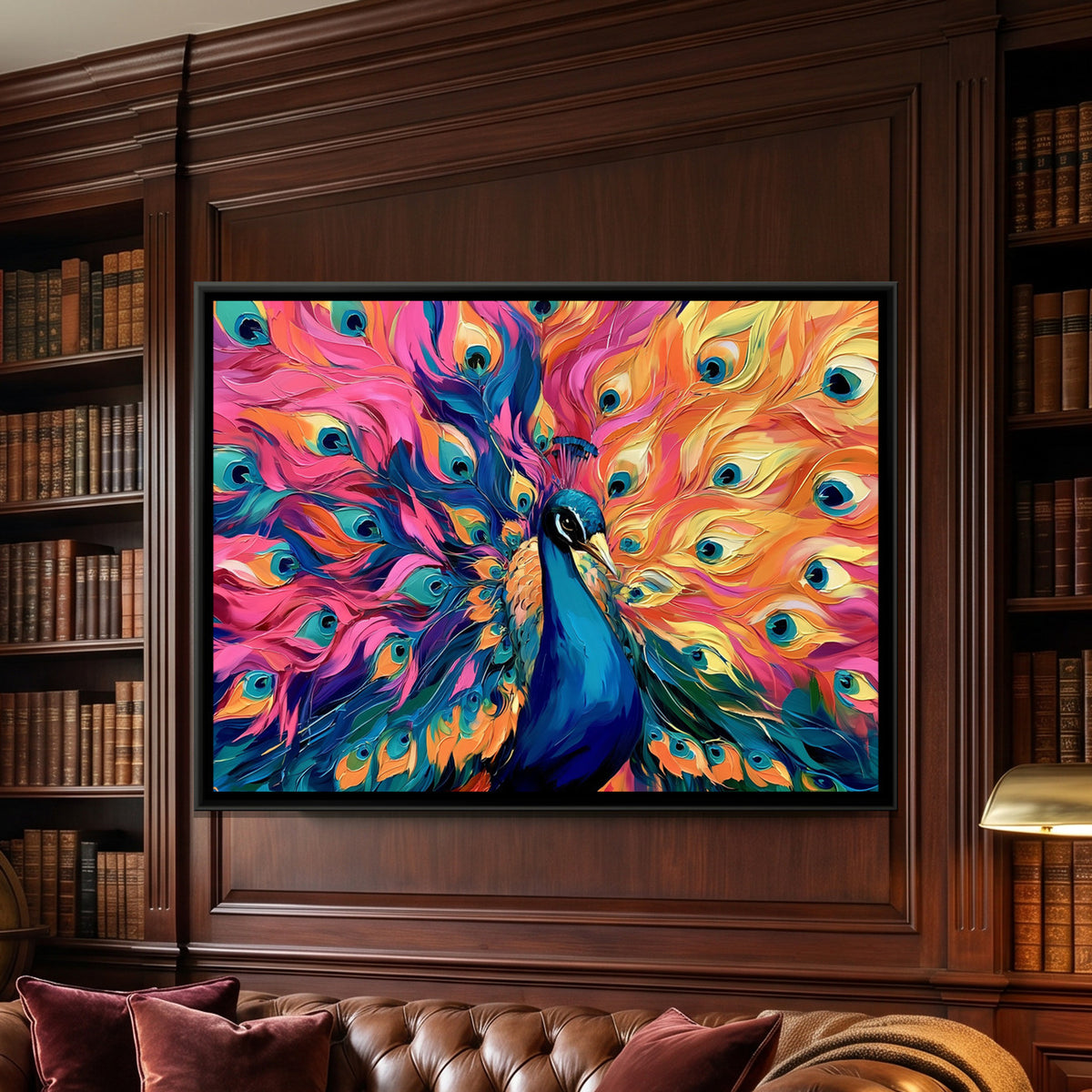 Peacock — framed canvas art hung on a wall